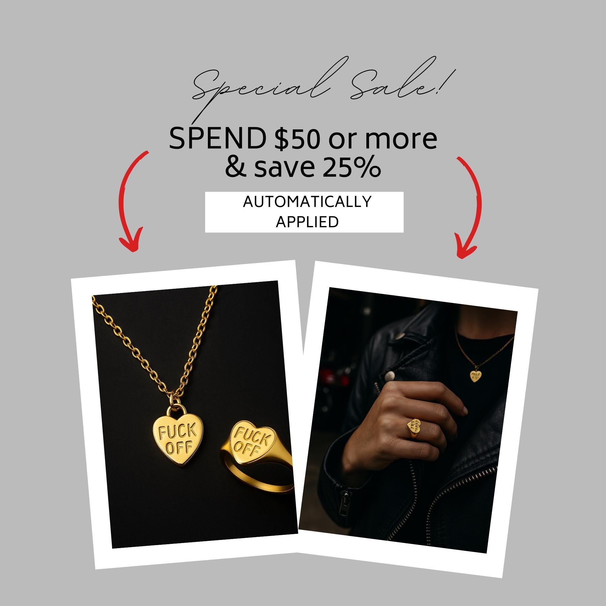 Gold Fuck Off Jewelry Set: Stainless Steel Necklace and Ring Bundle