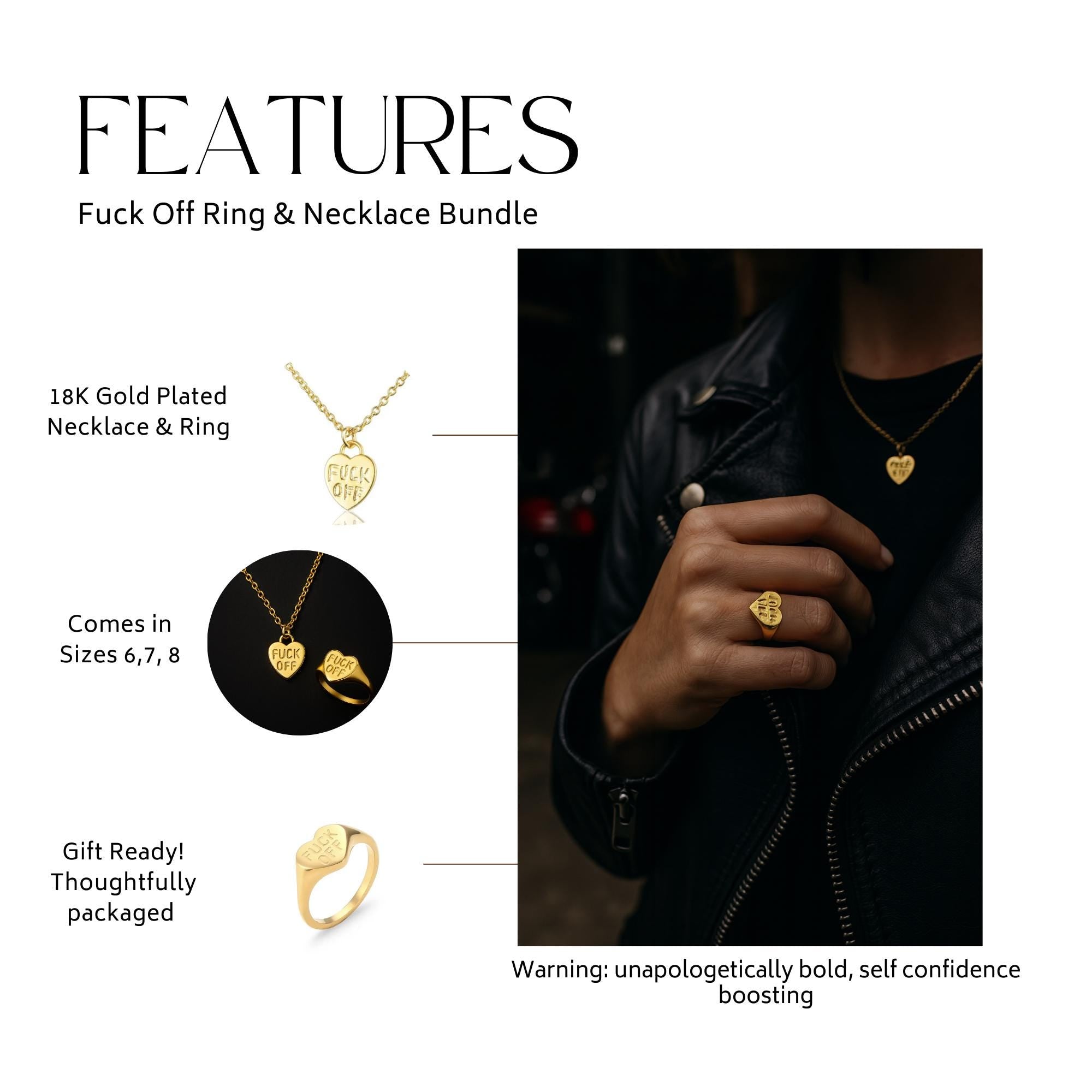 Gold Fuck Off Jewelry Set: Stainless Steel Necklace and Ring Bundle