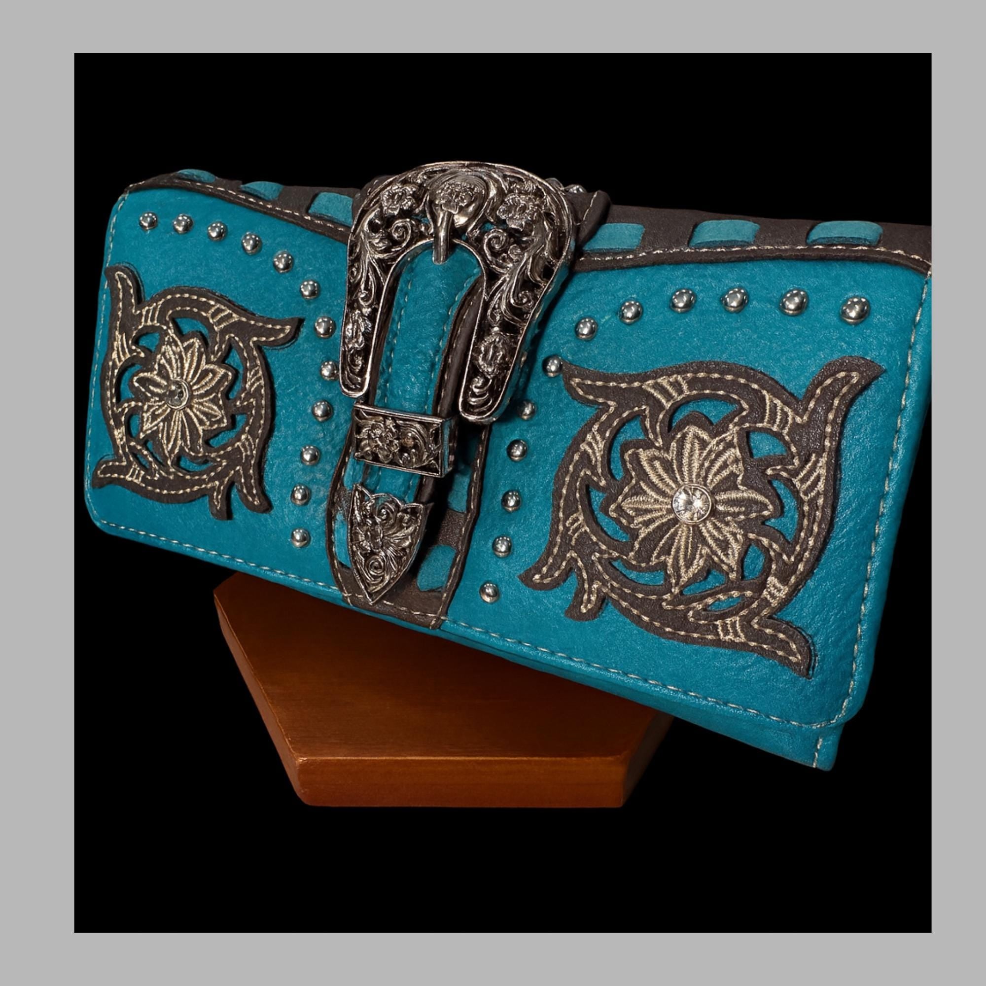 Turquoise Western Crossbody Wallet: Tri Fold Design with Strap