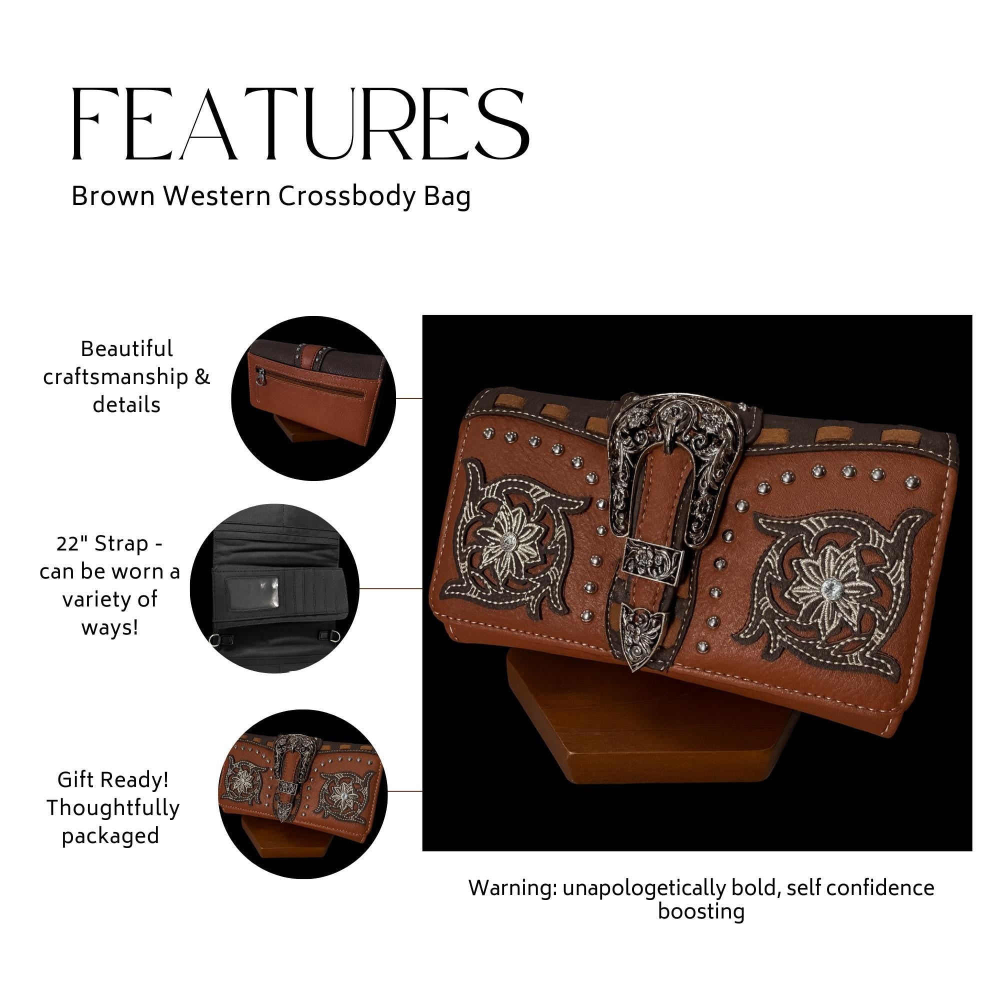 Brown Western Crossbody Wallet: Tri Fold Design with Strap