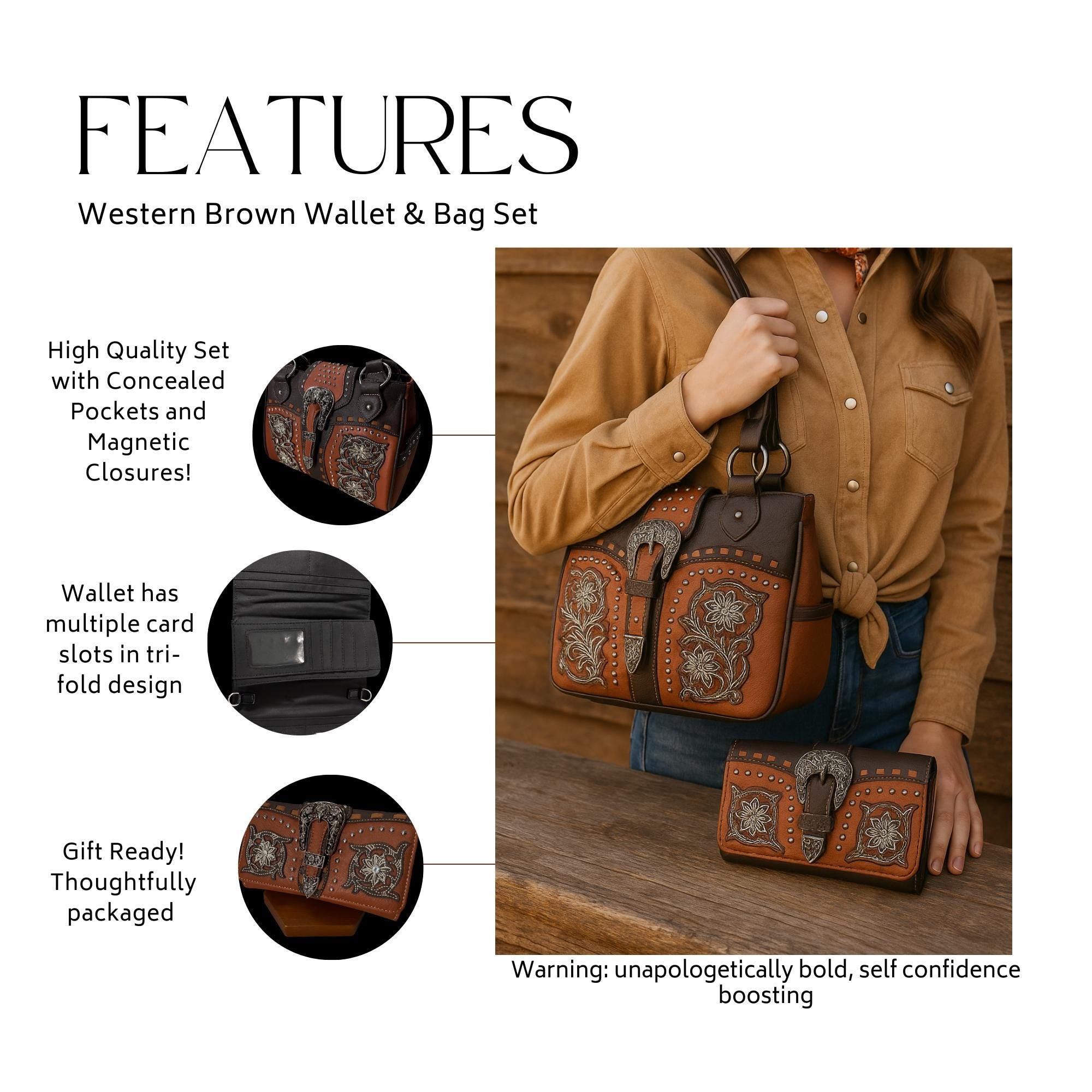 Brown Western Purse and Wallet Set, Faux Leather Buckle Detail