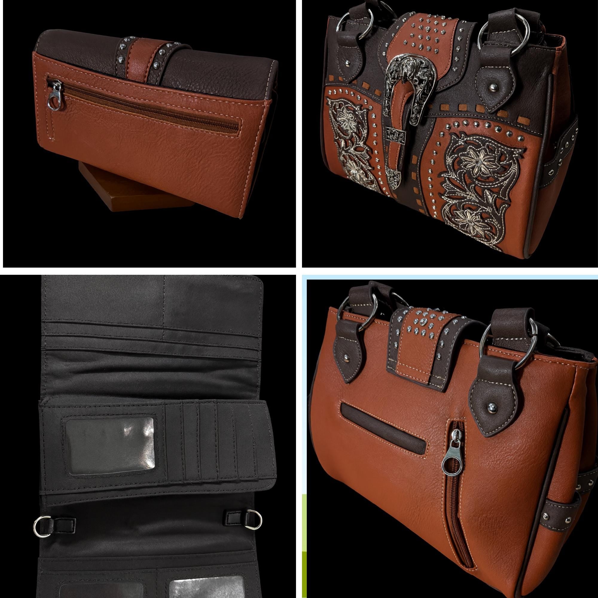 Brown Western Purse and Wallet Set, Faux Leather Buckle Detail