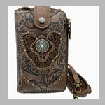 Brown Tooled Leather Crossbody Bag with Turquoise Stone Accent