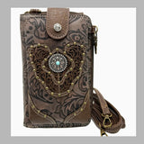 Brown Tooled Leather Crossbody Bag with Turquoise Stone Accent