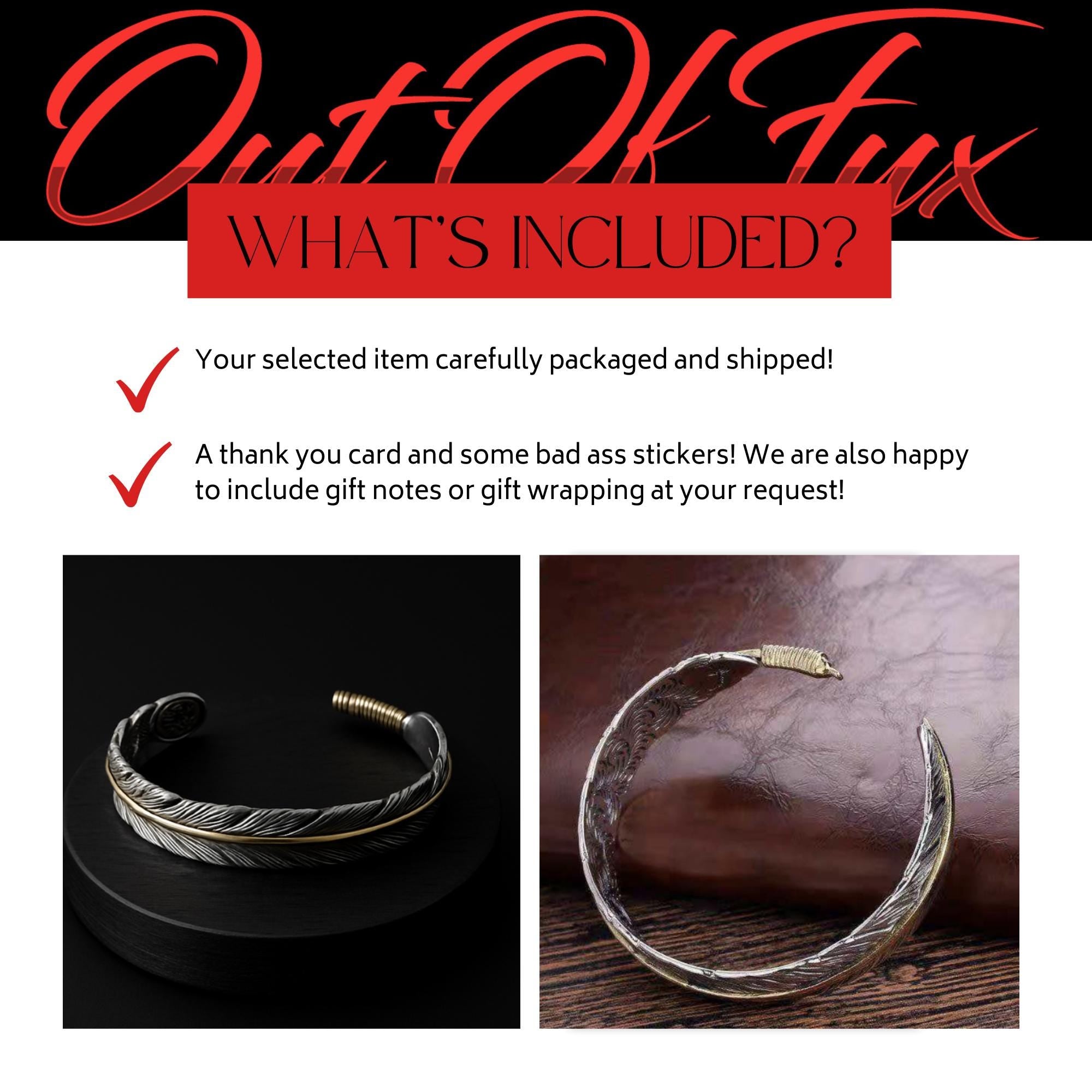 Feather Cuff Bracelet in Stainless Steel with 18K Gold Accent, Adjustable Unisex Statement Jewelry