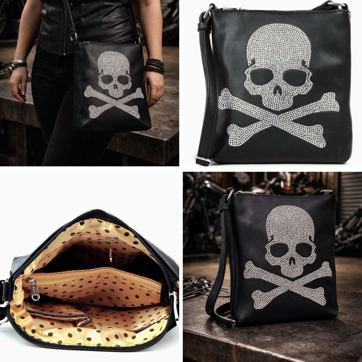 Rhinestone Skull Crossbody Bag, Edgy Black Faux Leather Statement Purse for Concerts and Night Out Looks