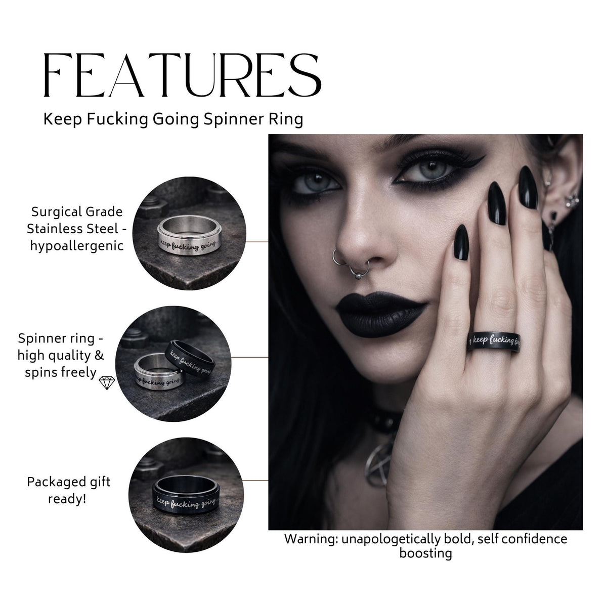 Keep Fucking Going Spinner Ring, Stainless Steel Rotating Motivational Ring for Women