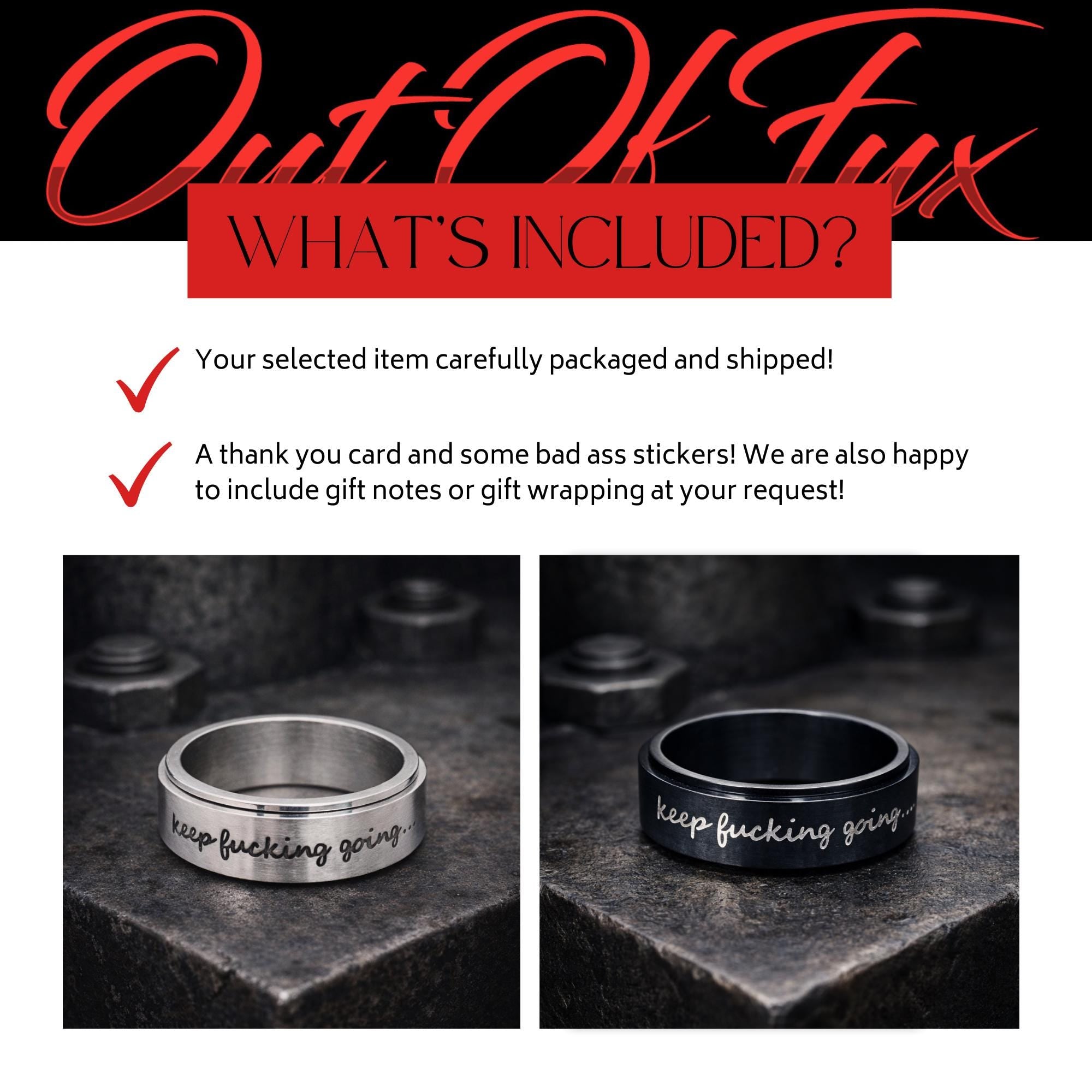 Keep Fucking Going Spinner Ring, Stainless Steel Rotating Motivational Ring for Women