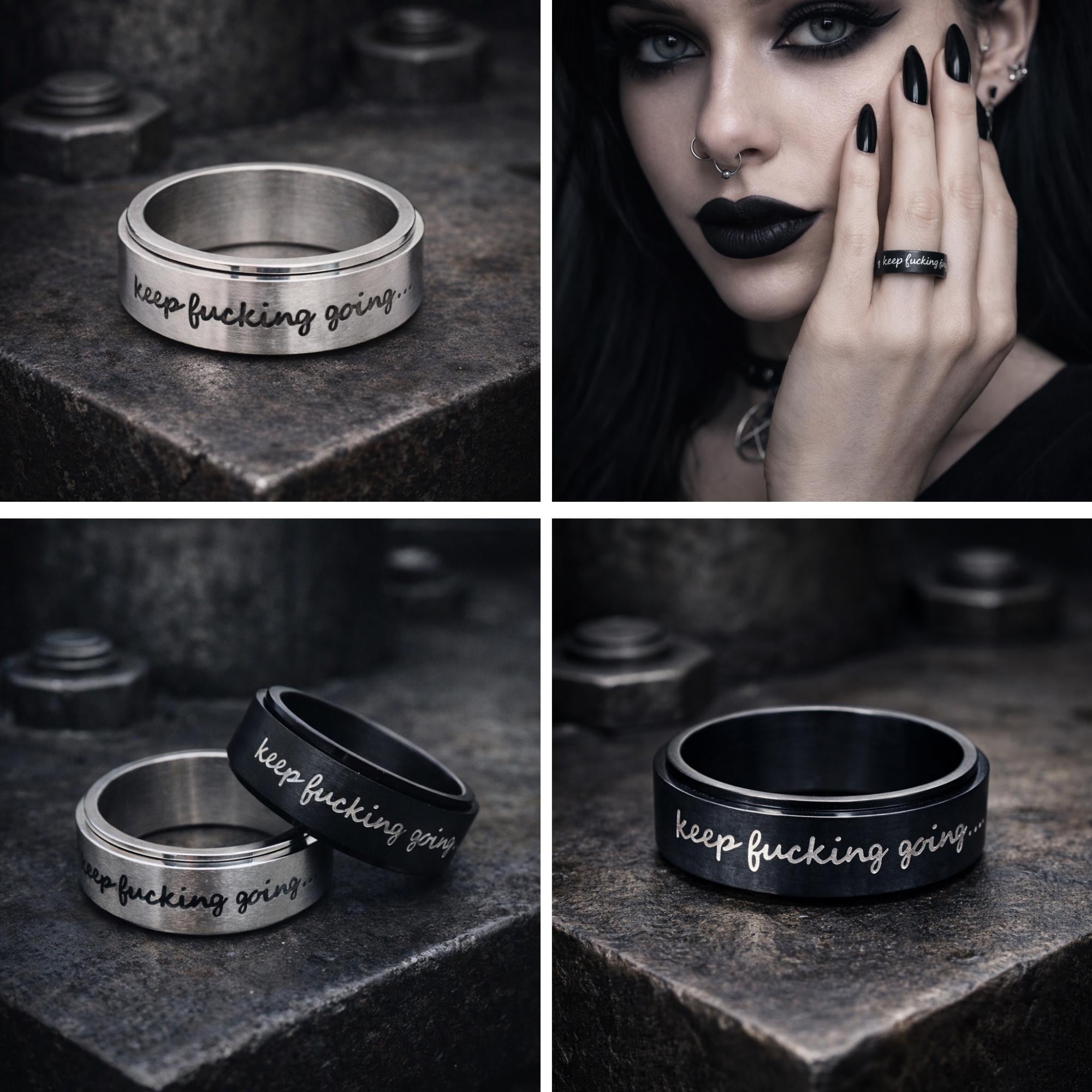 Keep Fucking Going Spinner Ring, Stainless Steel Rotating Motivational Ring for Women