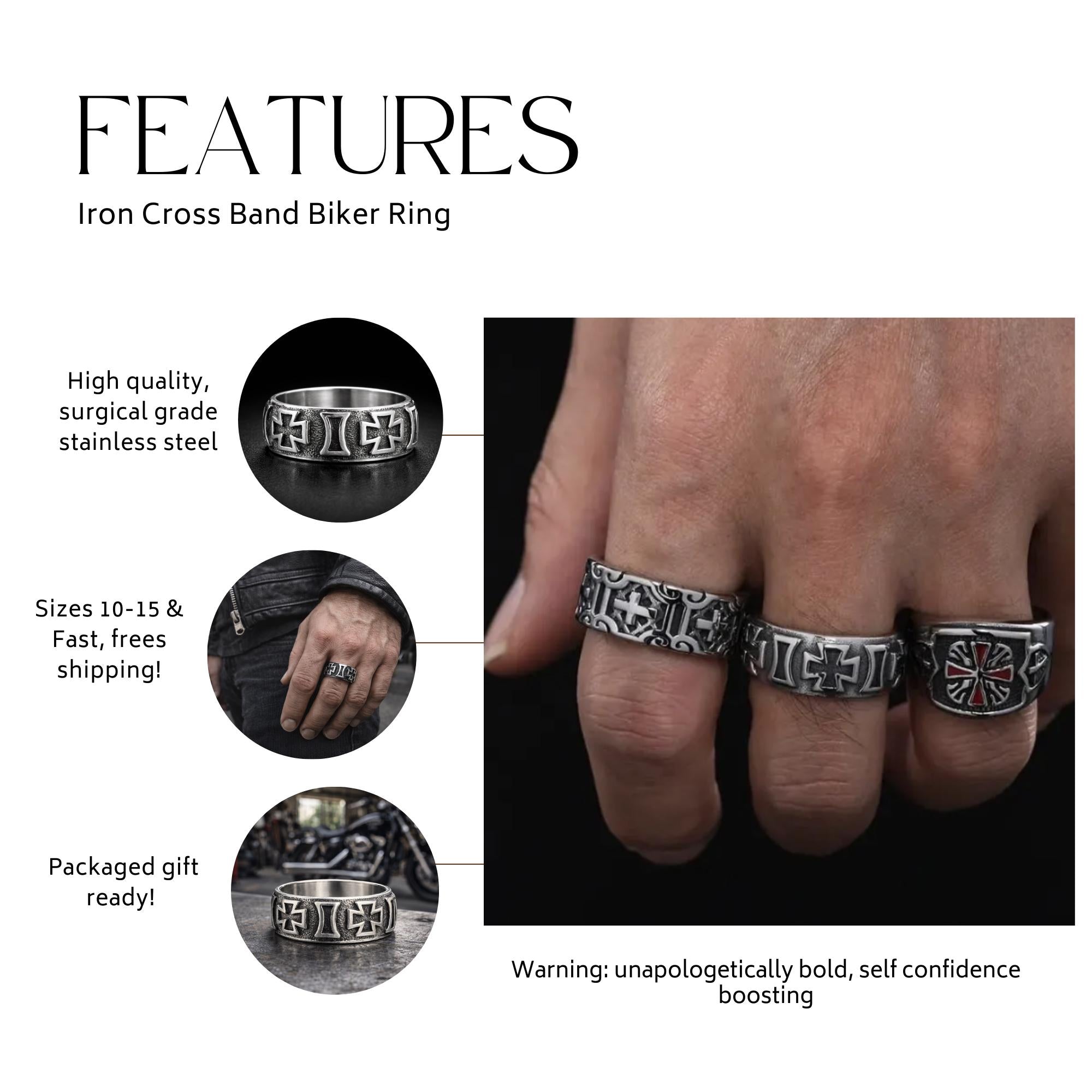 Iron Cross Band Ring for Men, Stainless Steel Engraved Gothic Ring