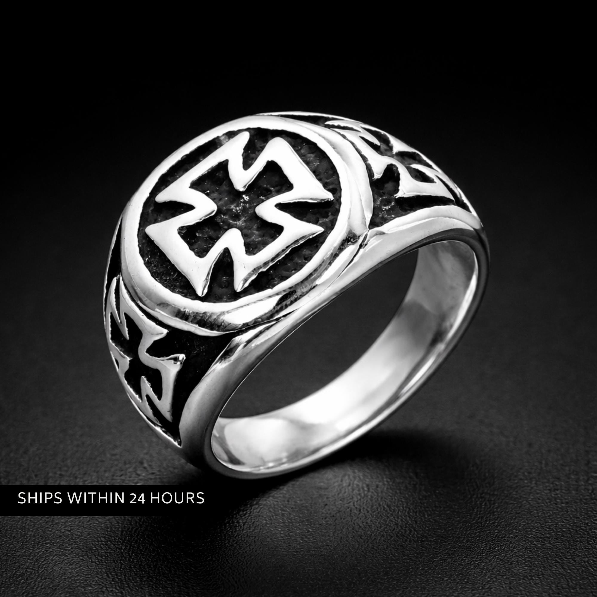 Iron Cross Shield Ring for Men, Stainless Steel Gothic Statement Ring