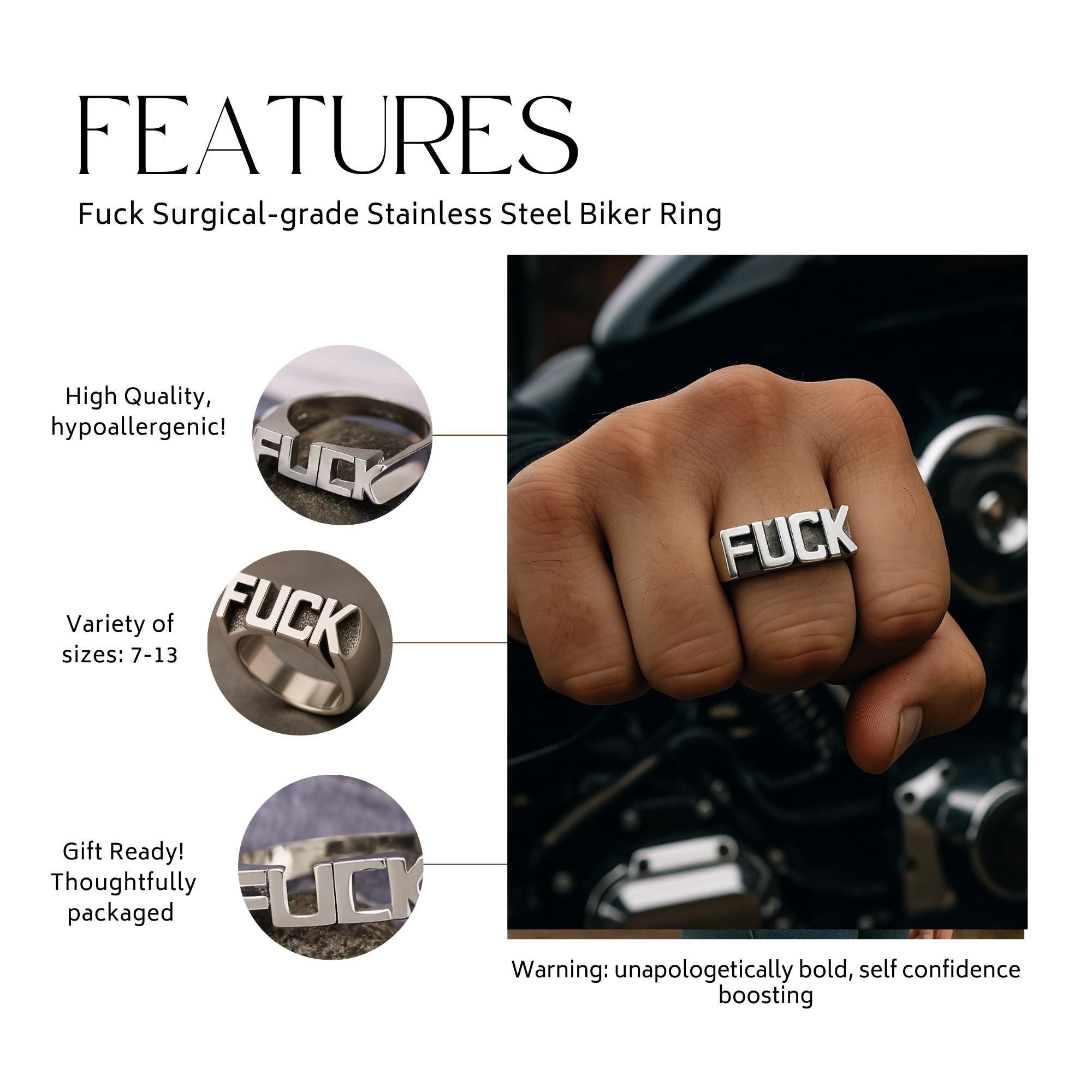 Fuck Surgical Steel Statement Ring: Bold Attitude Jewelry for Biker Men and Women