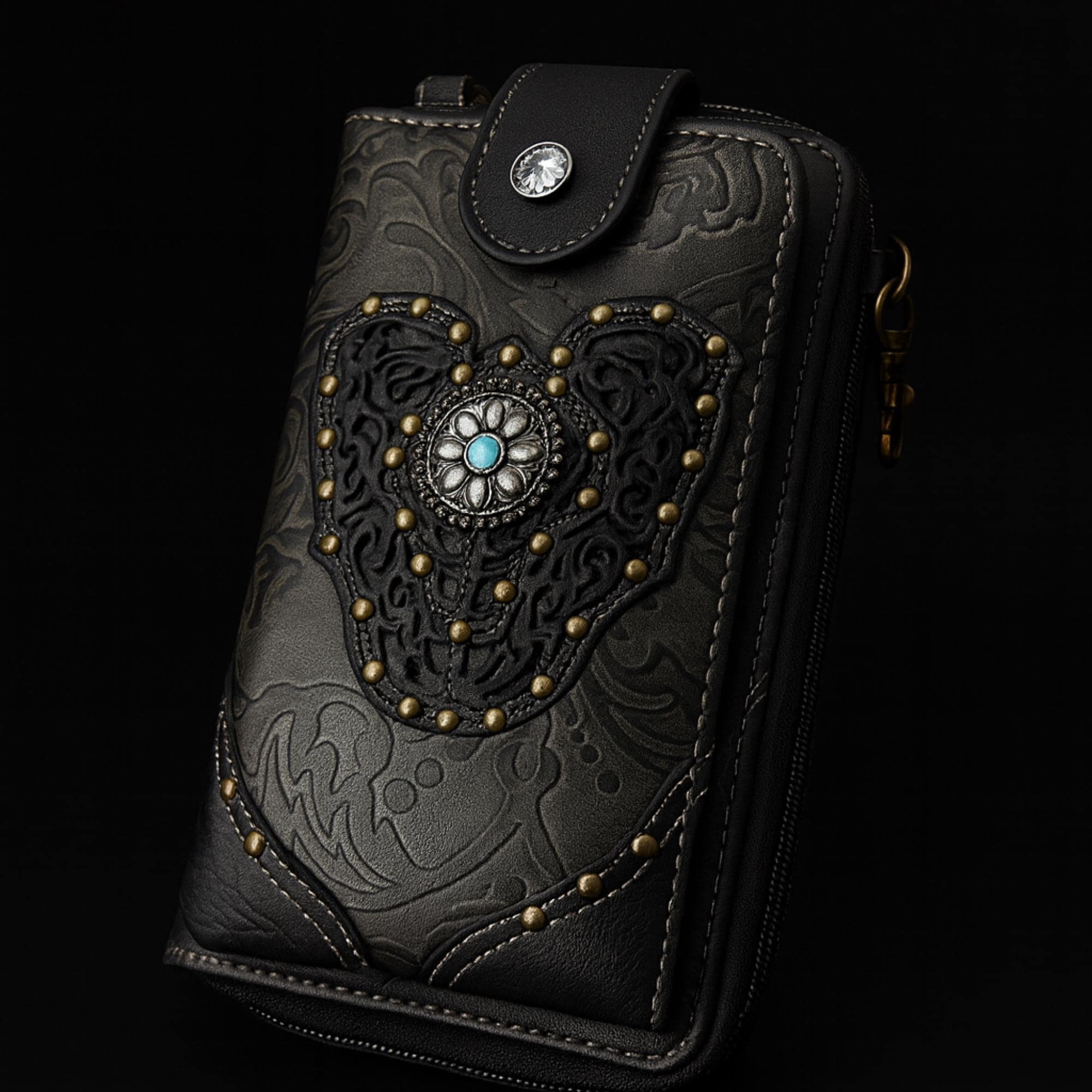 Tooled Black Leather Crossbody Bag: Western Style, Card Slots