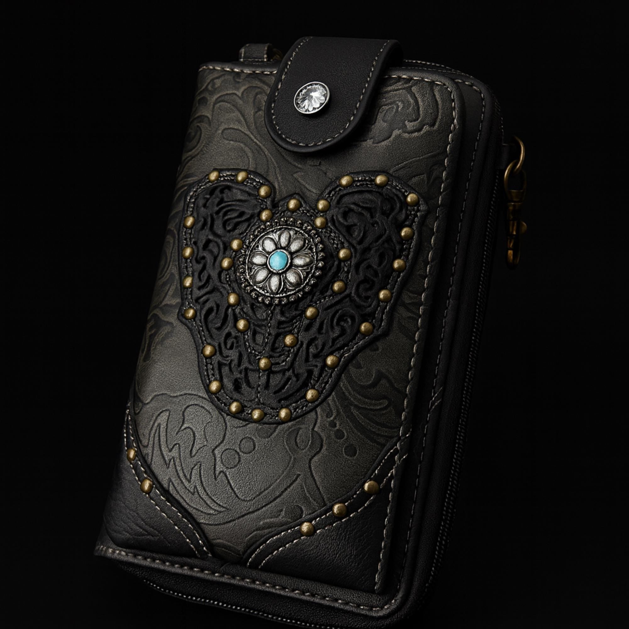 Tooled Black Leather Crossbody Bag: Western Style, Card Slots