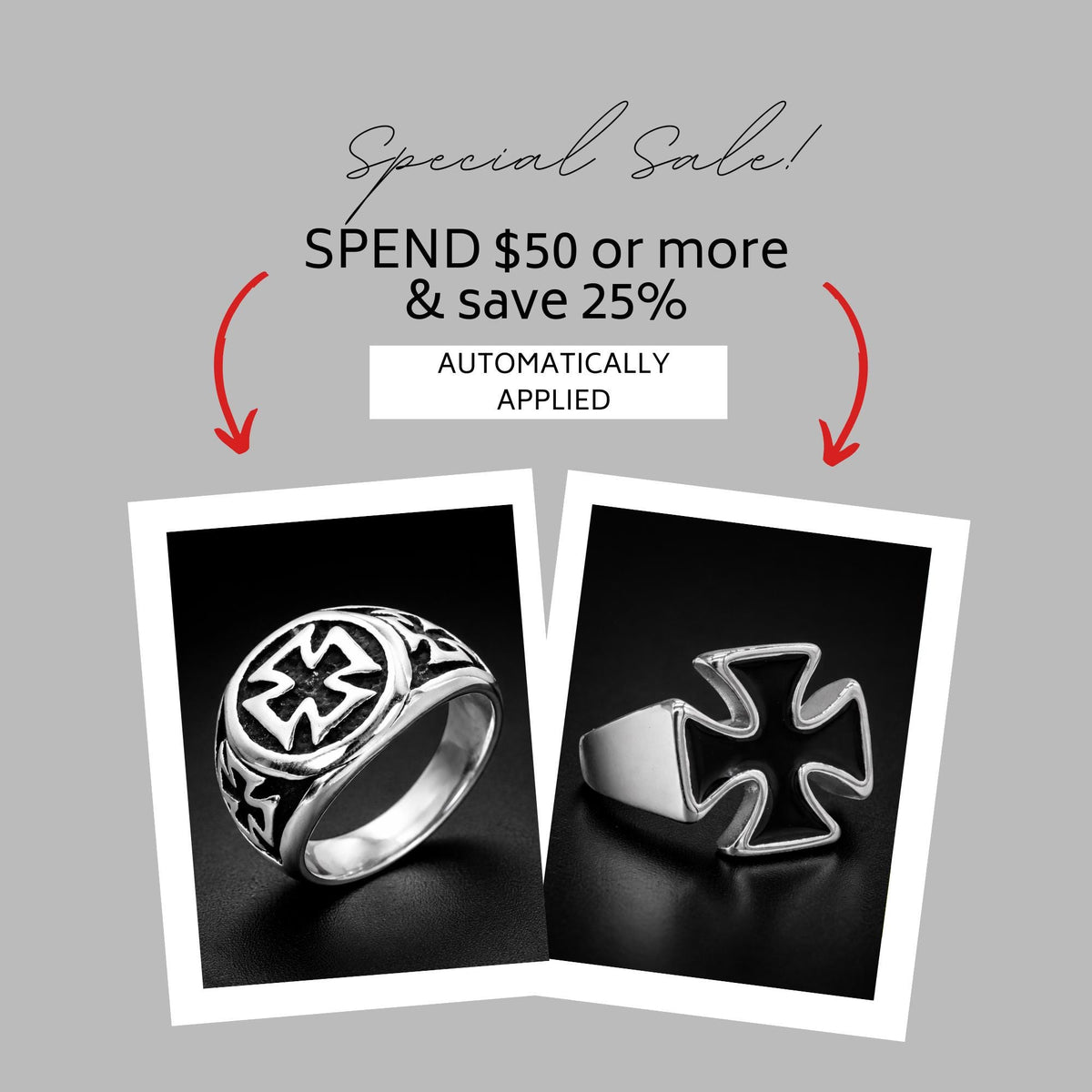 Black Iron Cross Ring for Men, Stainless Steel Gothic Statement Ring