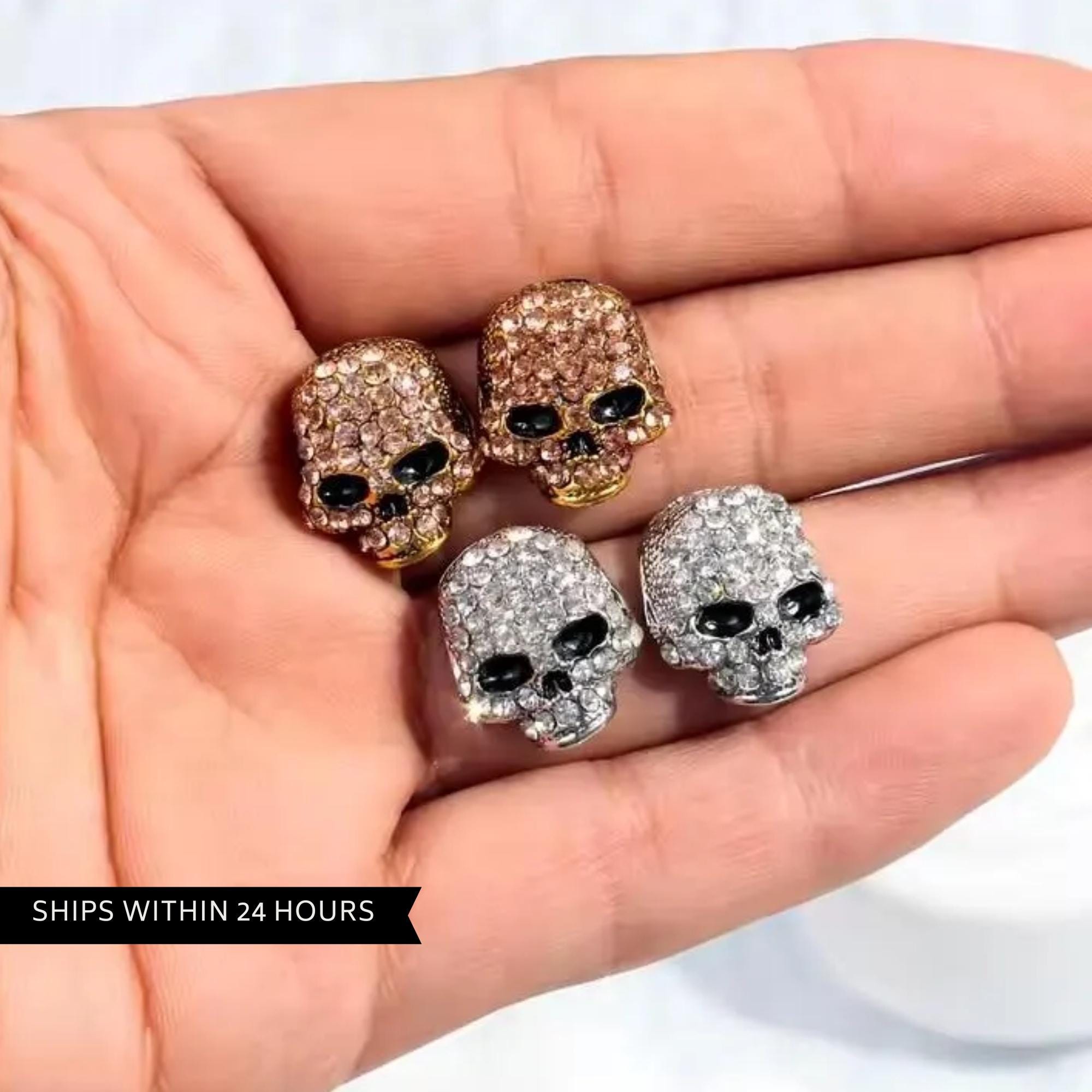 Cubic Zirconia Skull Stud Earrings, Silver or Rose Gold Goth Jewelry, Edgy Biker Punk