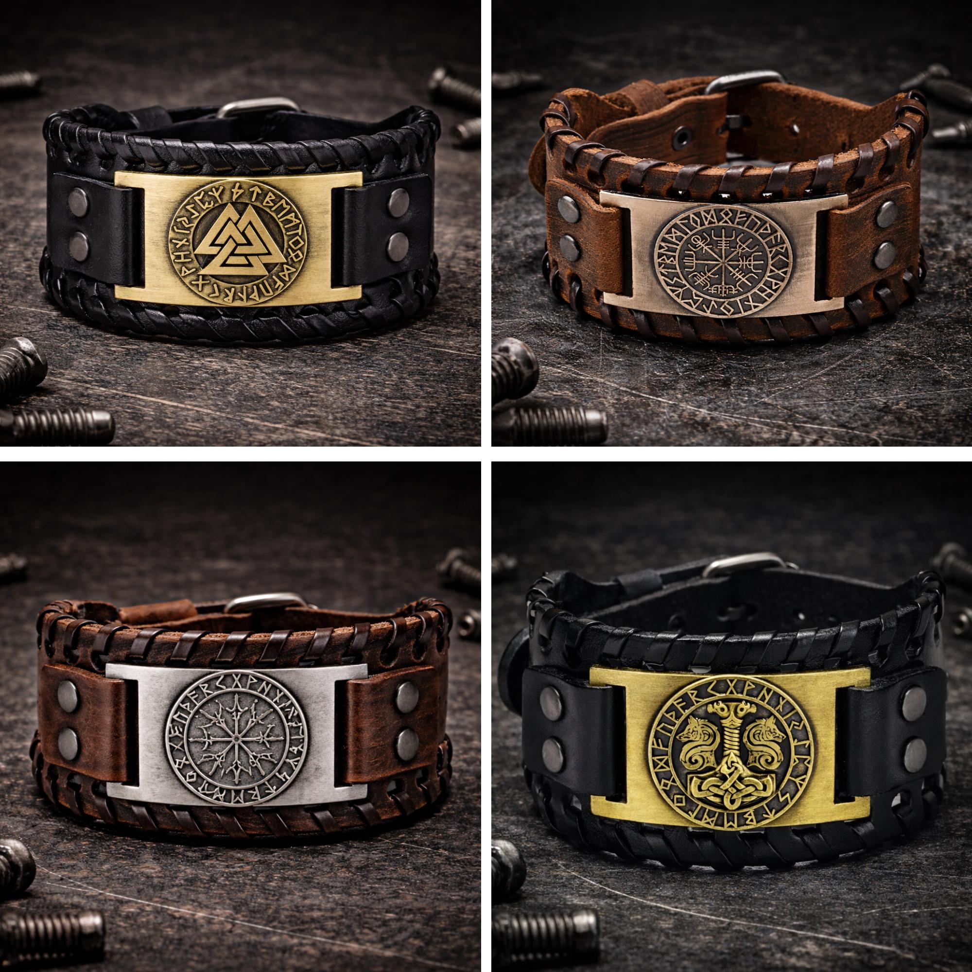 Men’s Viking Leather Cuff Bracelet with Norse Compass, Medieval Warrior Wristband