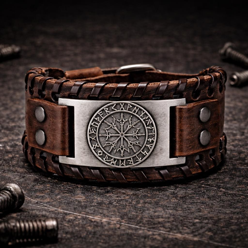Men’s Viking Leather Cuff Bracelet with Norse Compass, Medieval Warrior Wristband