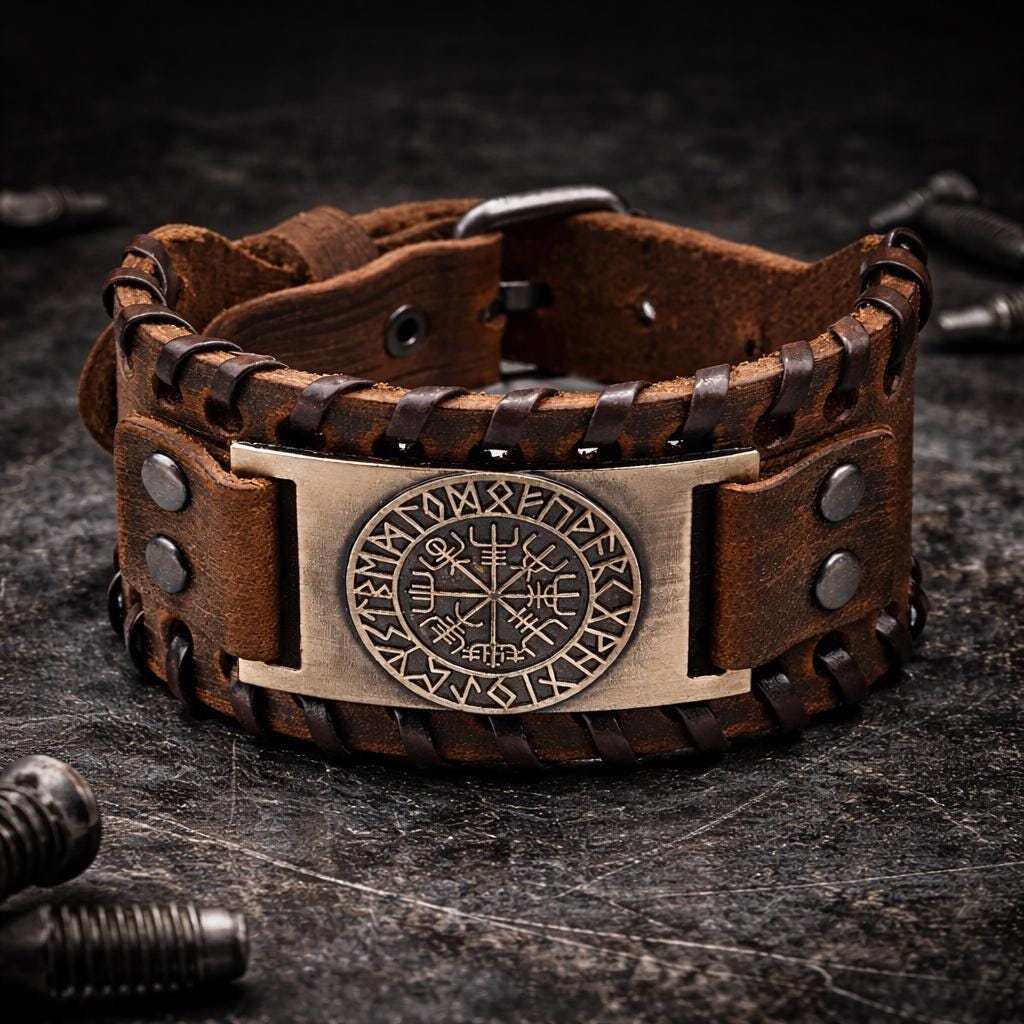 Men’s Viking Leather Cuff Bracelet with Norse Compass, Medieval Warrior Wristband