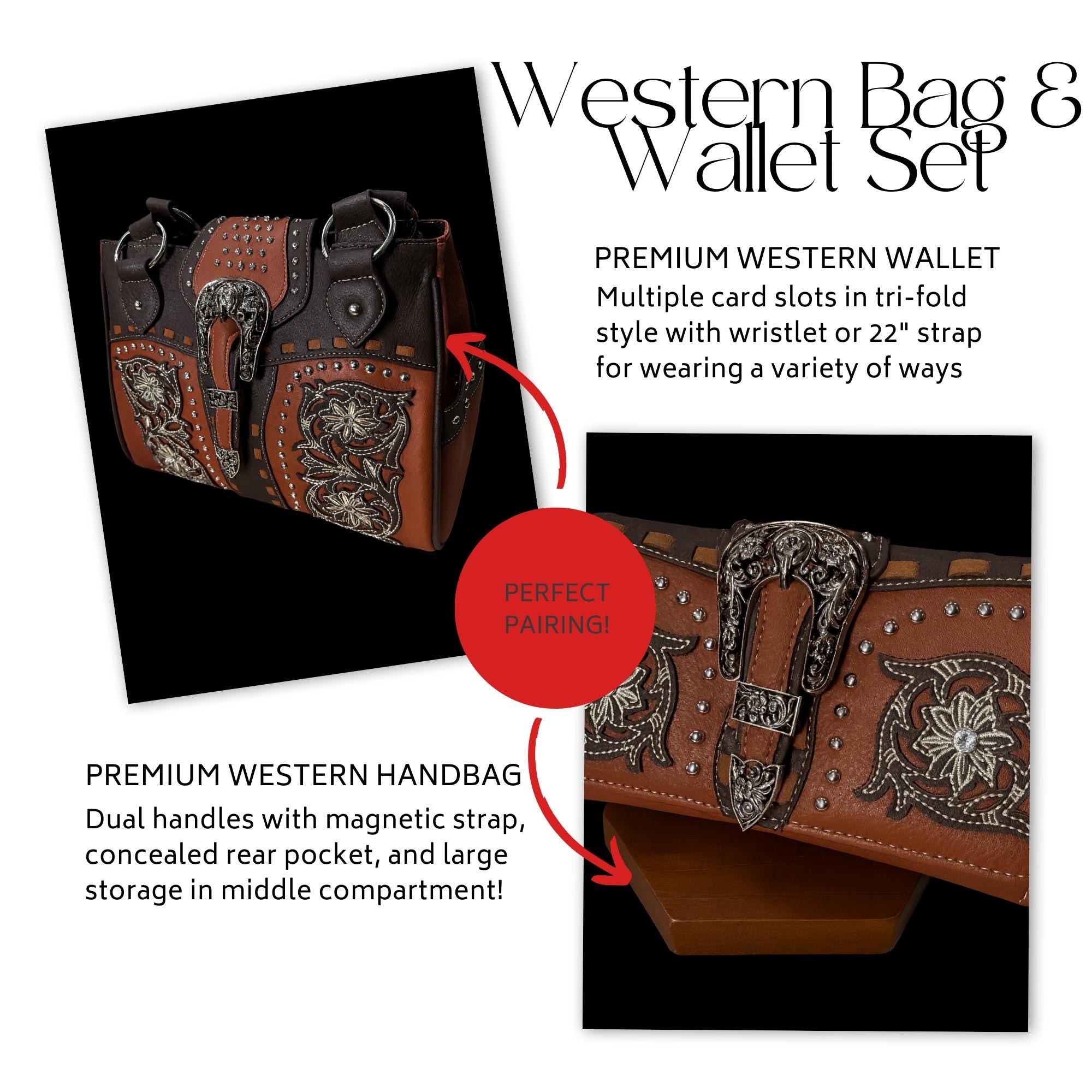 Brown Western Purse and Wallet Set, Faux Leather Buckle Detail