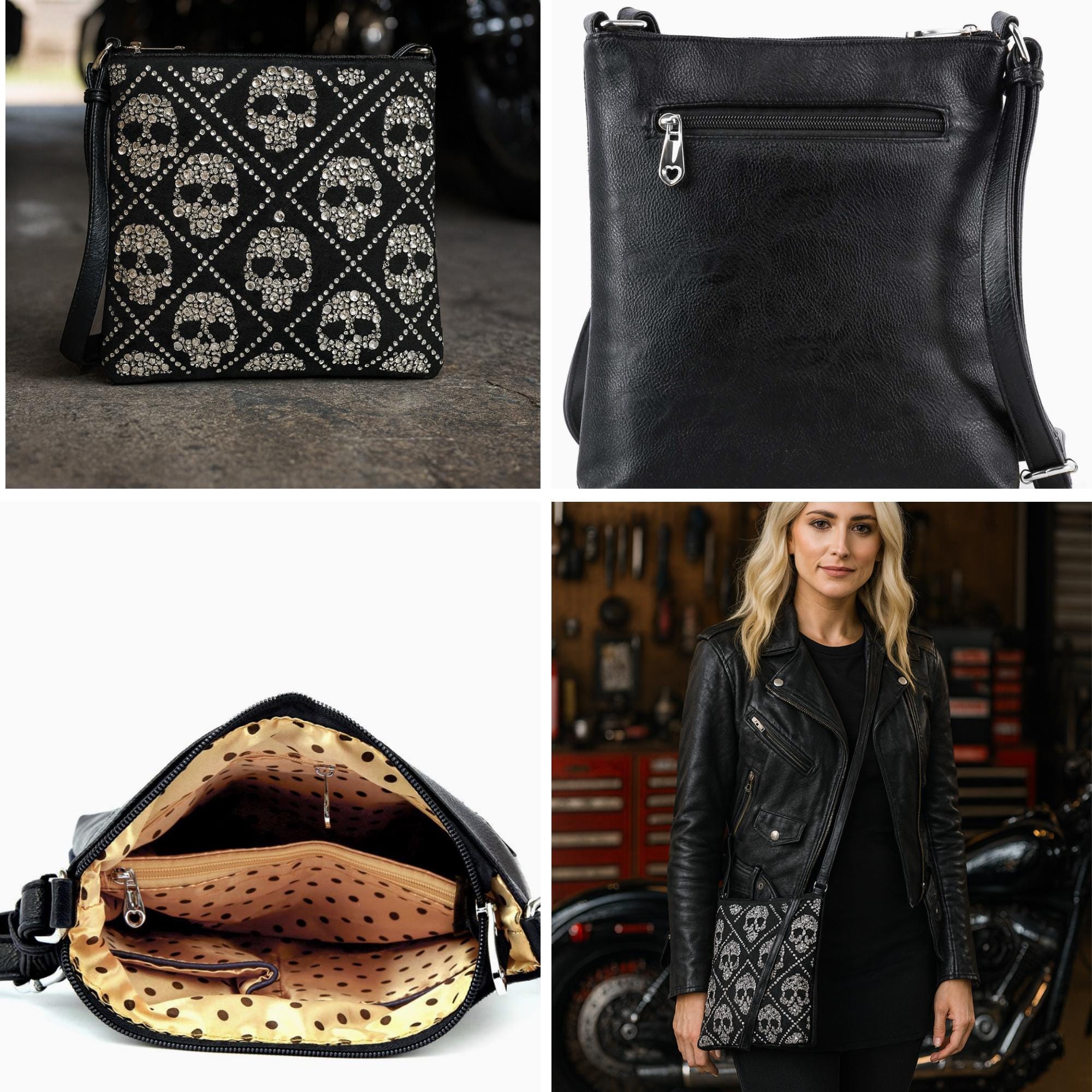Rhinestone Skull Crossbody Bag, Faux Leather Sling Purse with Bling Detail