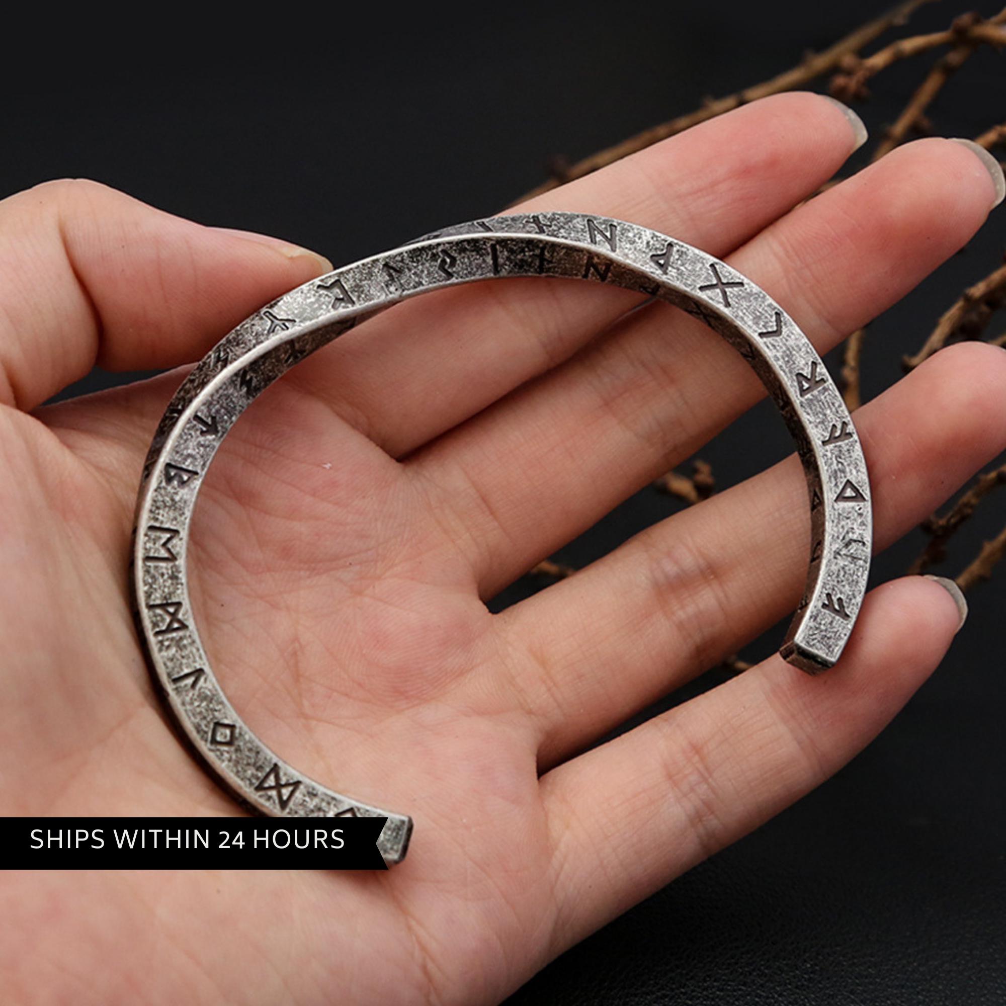 Antique Silver Viking Rune Cuff Bracelet, Stainless Steel Norse Jewelry for Men