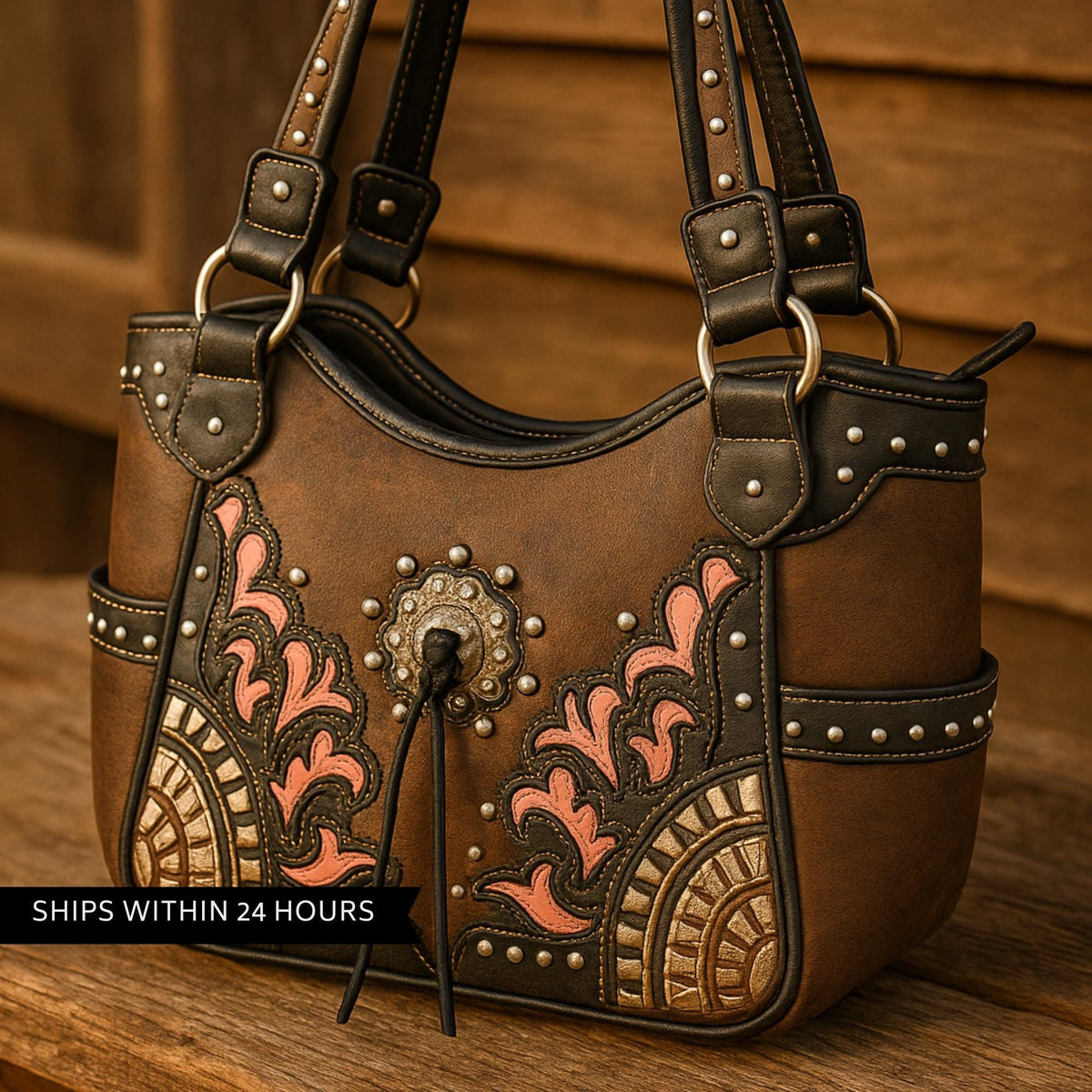 Western Faux Leather Cowgirl Shoulder Bag with Concho and Secure Back Pocket
