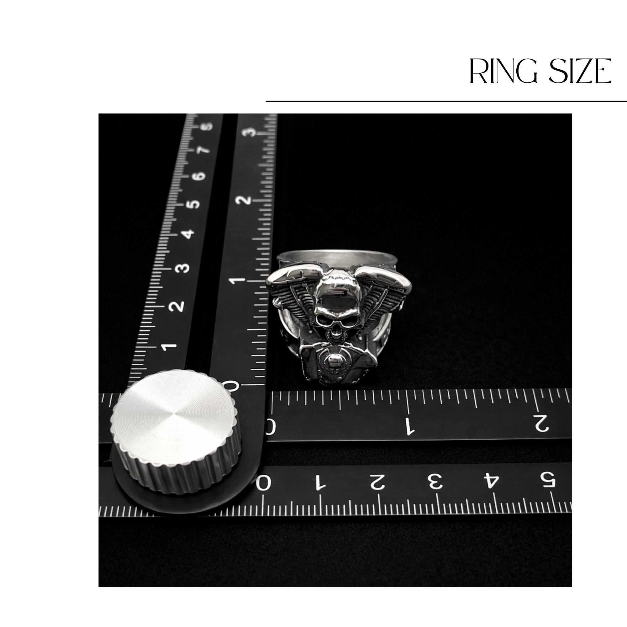 Stainless Steel Motorcycle Skull Ring, Men’s Biker Ring with Engine Detail