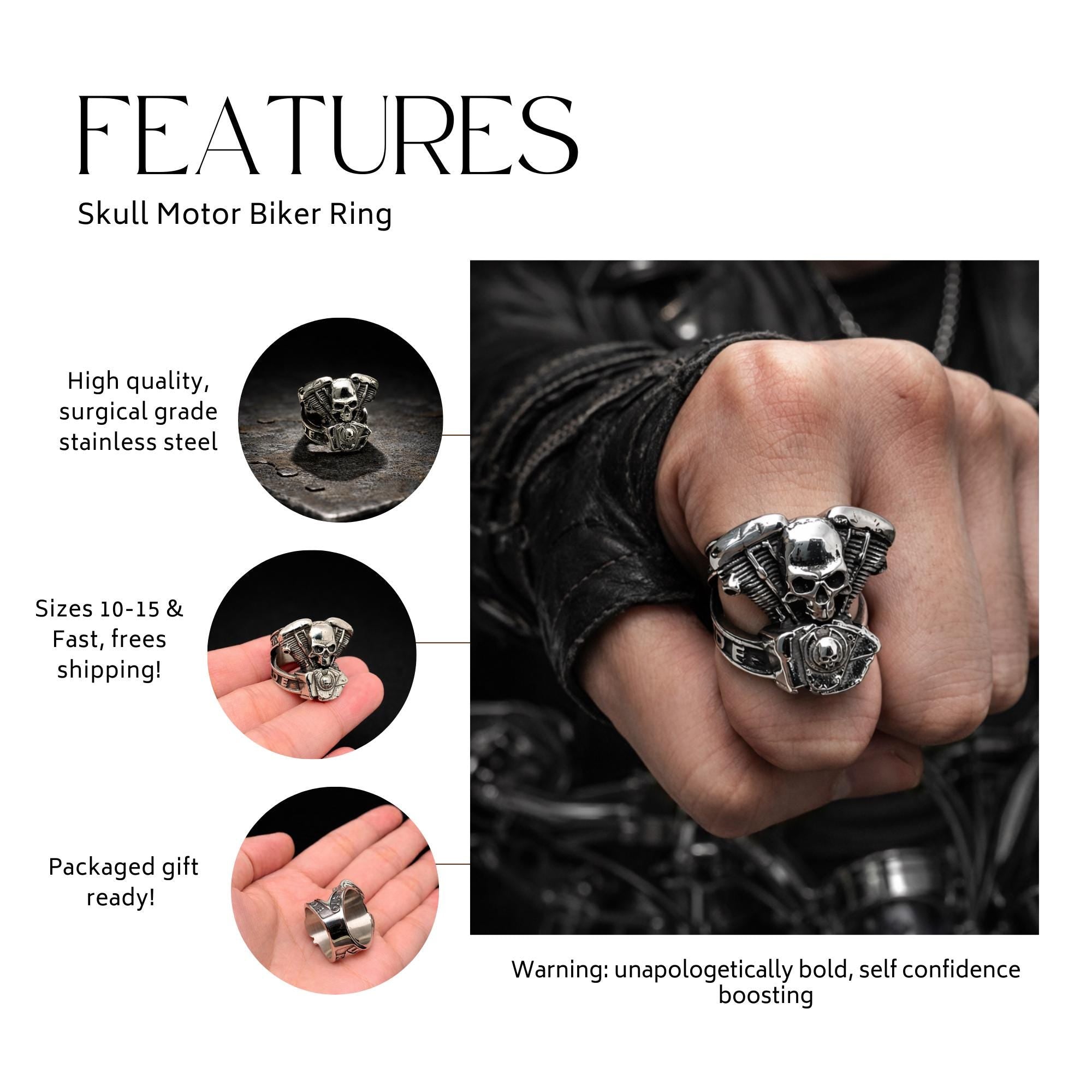 Stainless Steel Motorcycle Skull Ring, Men’s Biker Ring with Engine Detail