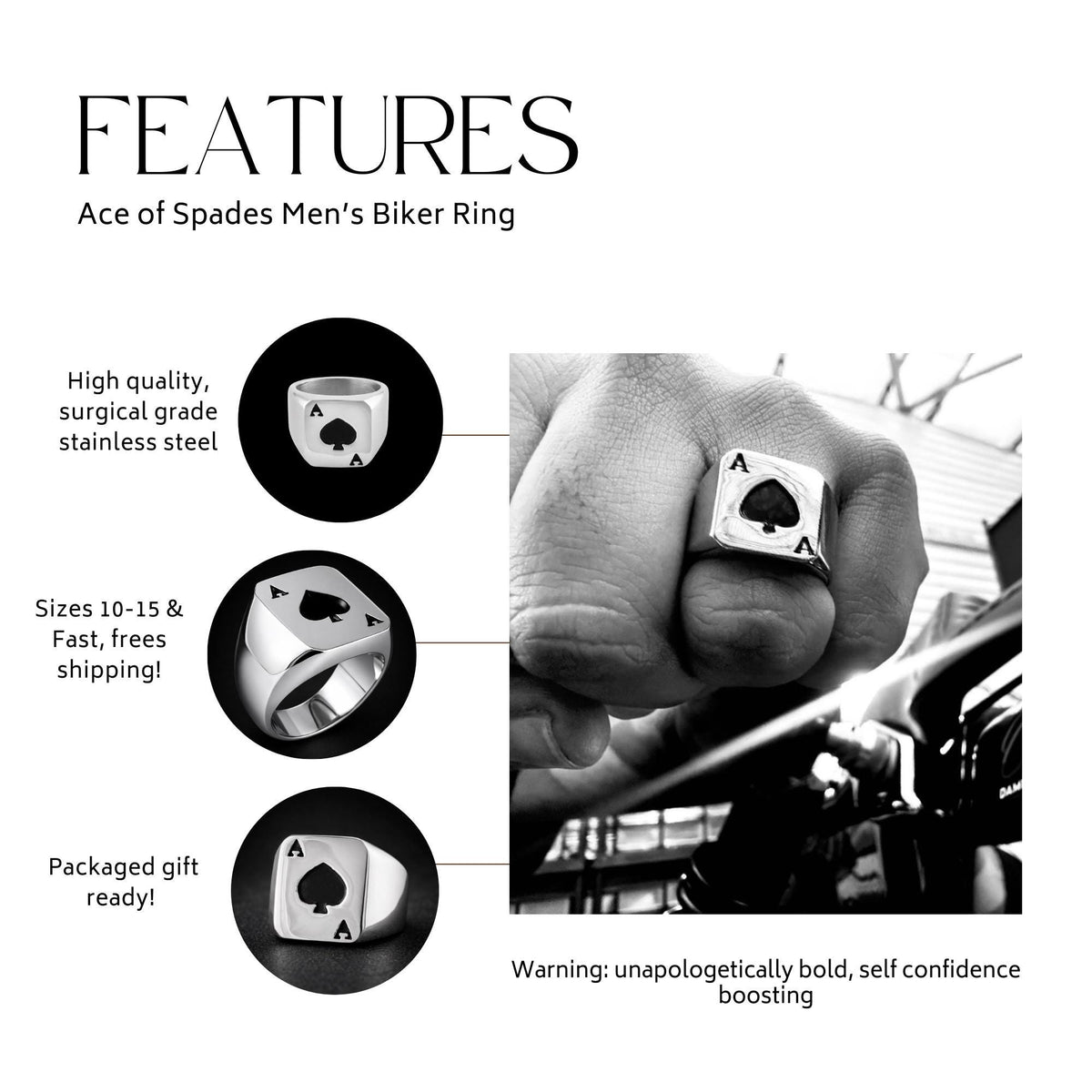 Ace of Spades Stainless Steel Signet Ring for Men, Bold Spade Symbol Statement Ring