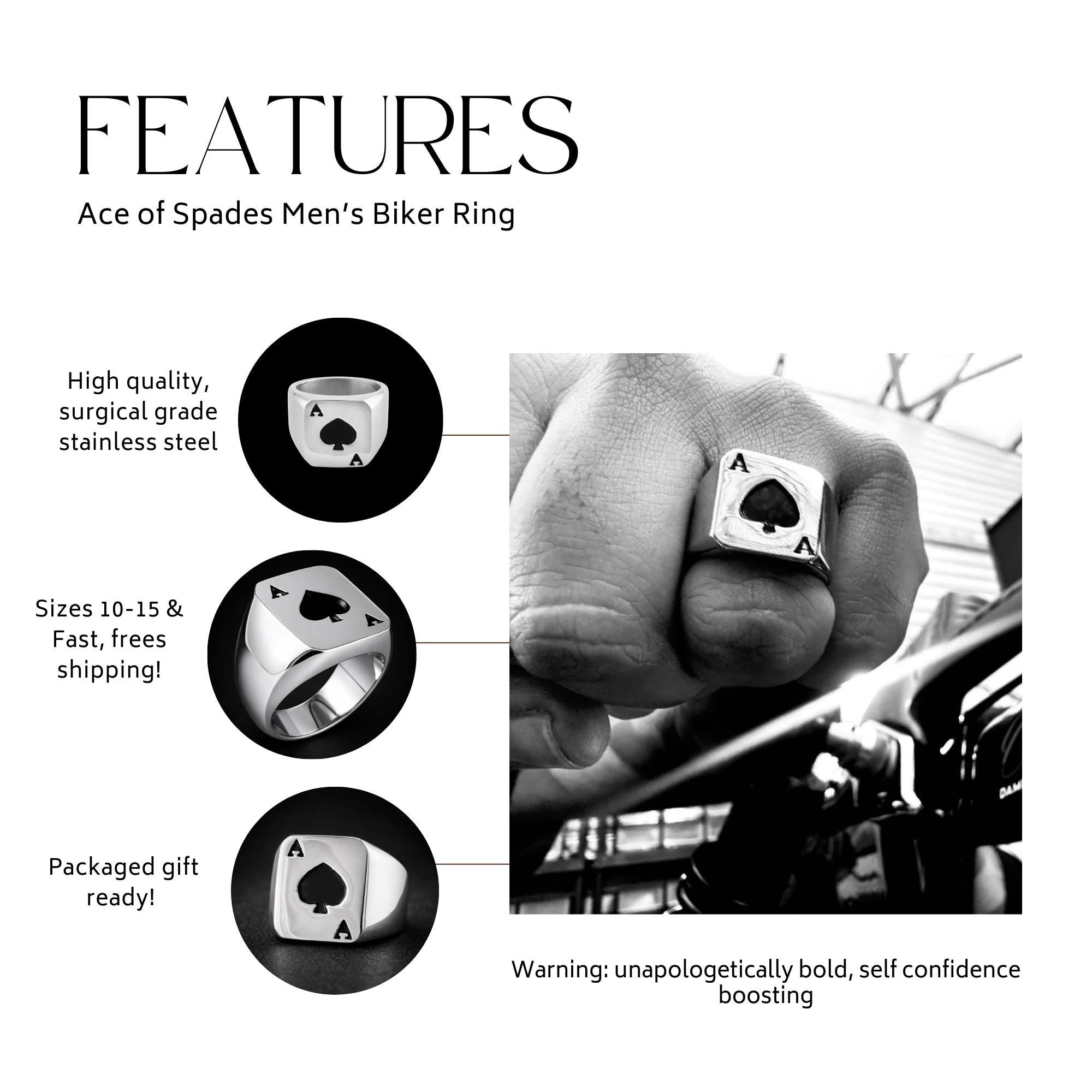 Ace of Spades Titanium Signet Ring for Men, Bold Spade Symbol Statement Ring