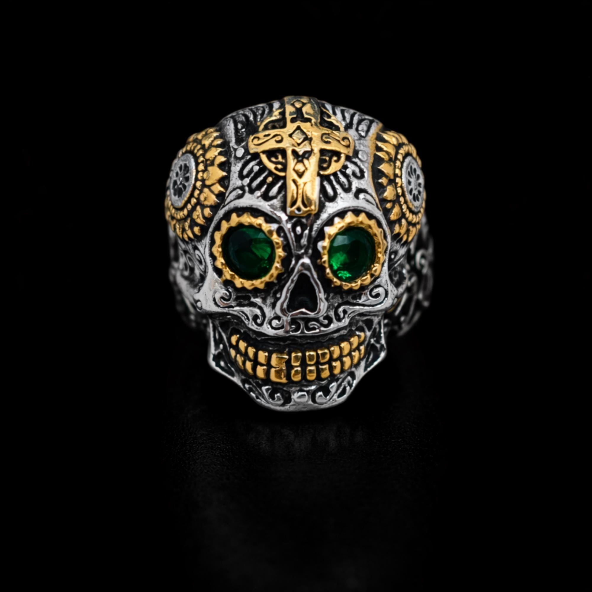 Mens Sugar Skull Ring with Green Stone, Chunky Biker Skull Ring for Motorcycle Style