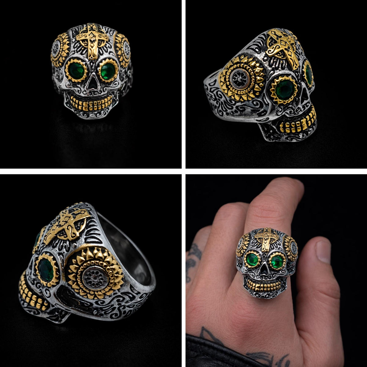 Mens Sugar Skull Ring with Green Stone, Chunky Biker Skull Ring for Motorcycle Style