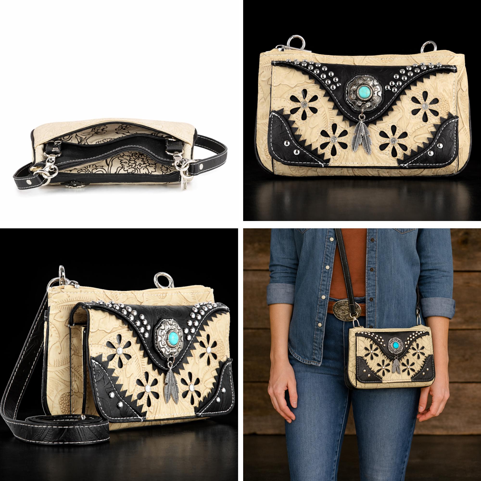 Western Floral Embossed Crossbody Bag: Faux Leather Cowgirl Purse with Turquoise Concho