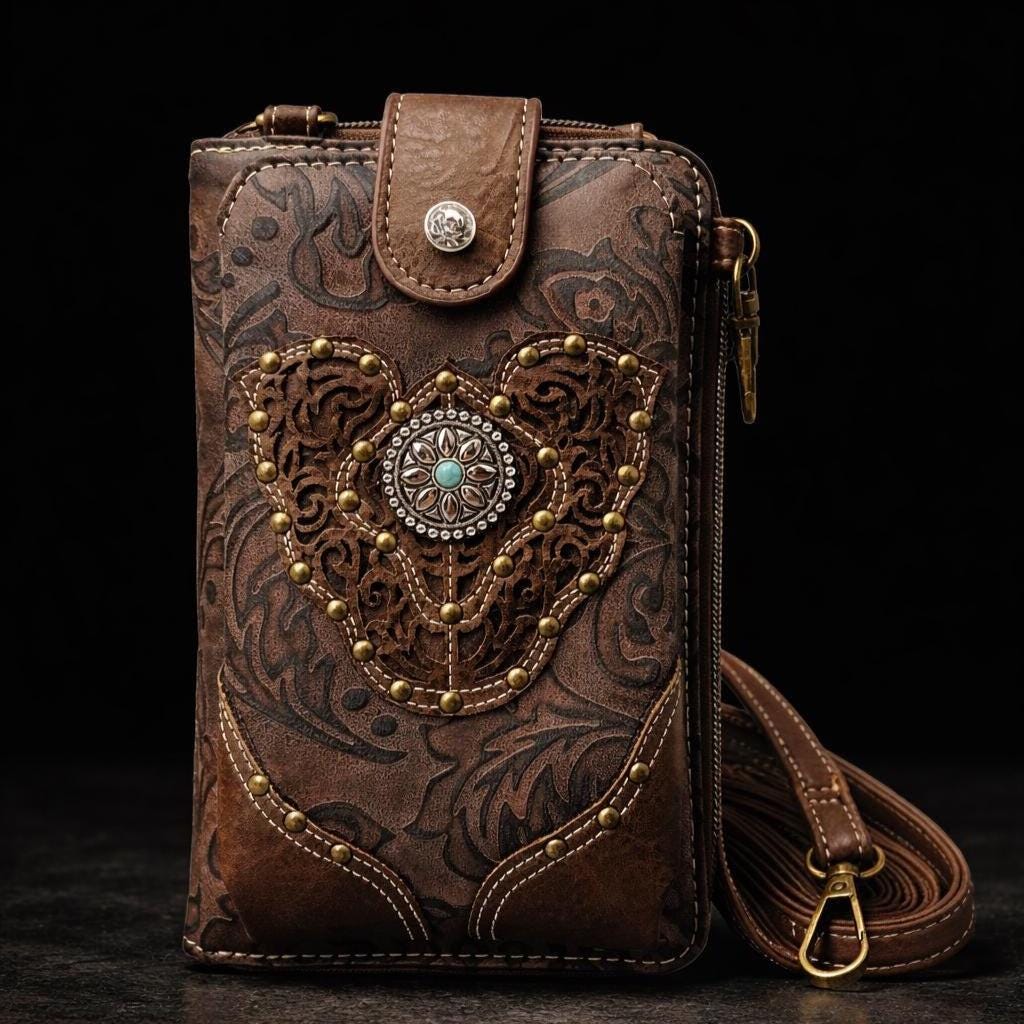 Brown Tooled Leather Crossbody Bag with Turquoise Stone Accent