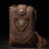 Brown Tooled Leather Crossbody Bag with Turquoise Stone Accent