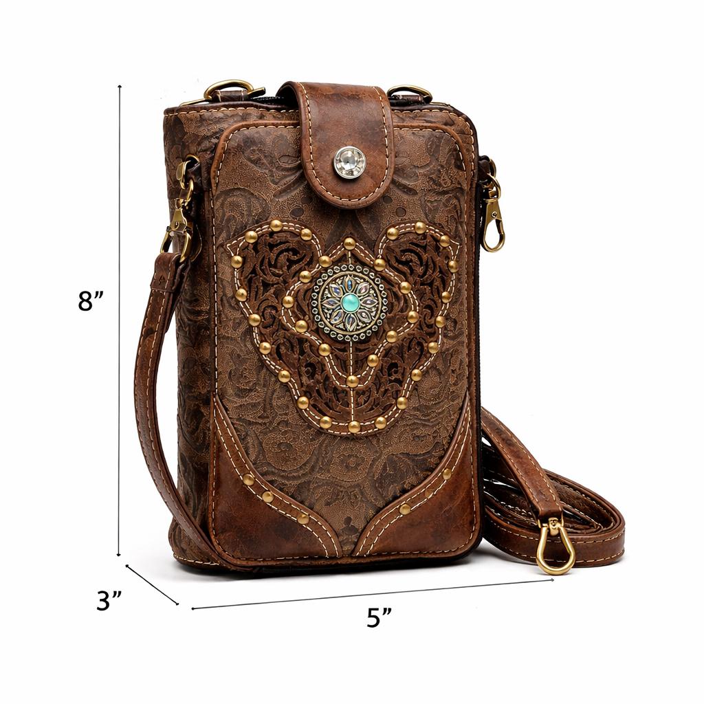 Brown Tooled Leather Crossbody Bag with Turquoise Stone Accent
