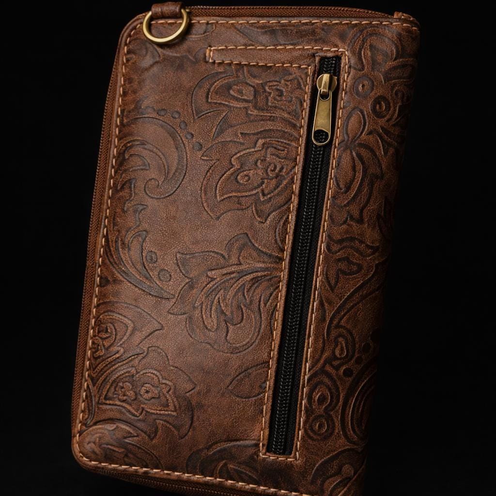 Brown Tooled Leather Crossbody Bag with Turquoise Stone Accent