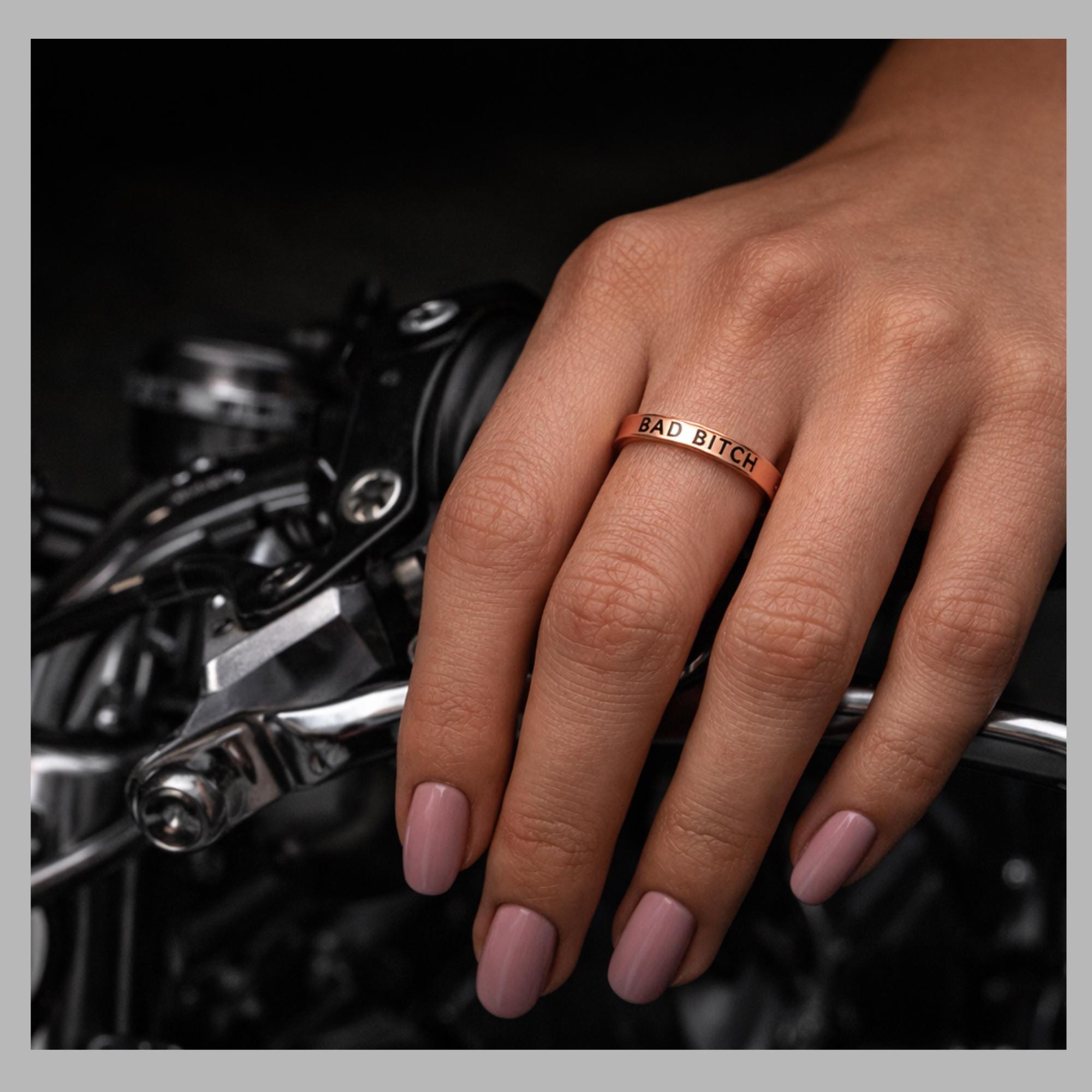 Rose Gold Bad Bitch Ring, Minimalist Stainless Steel Swear Word Band