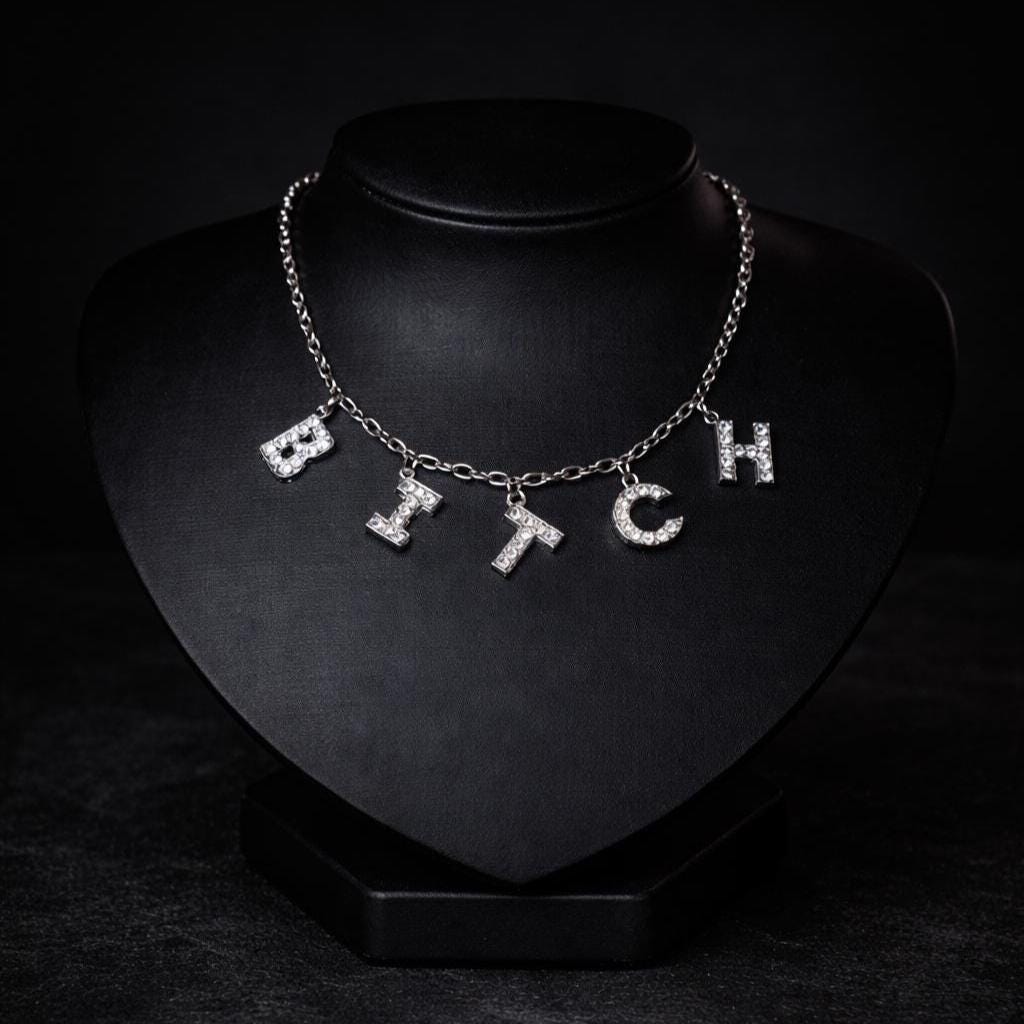 Silver Swear Word Necklace, Stainless Steel Pavé CZ Statement Chain