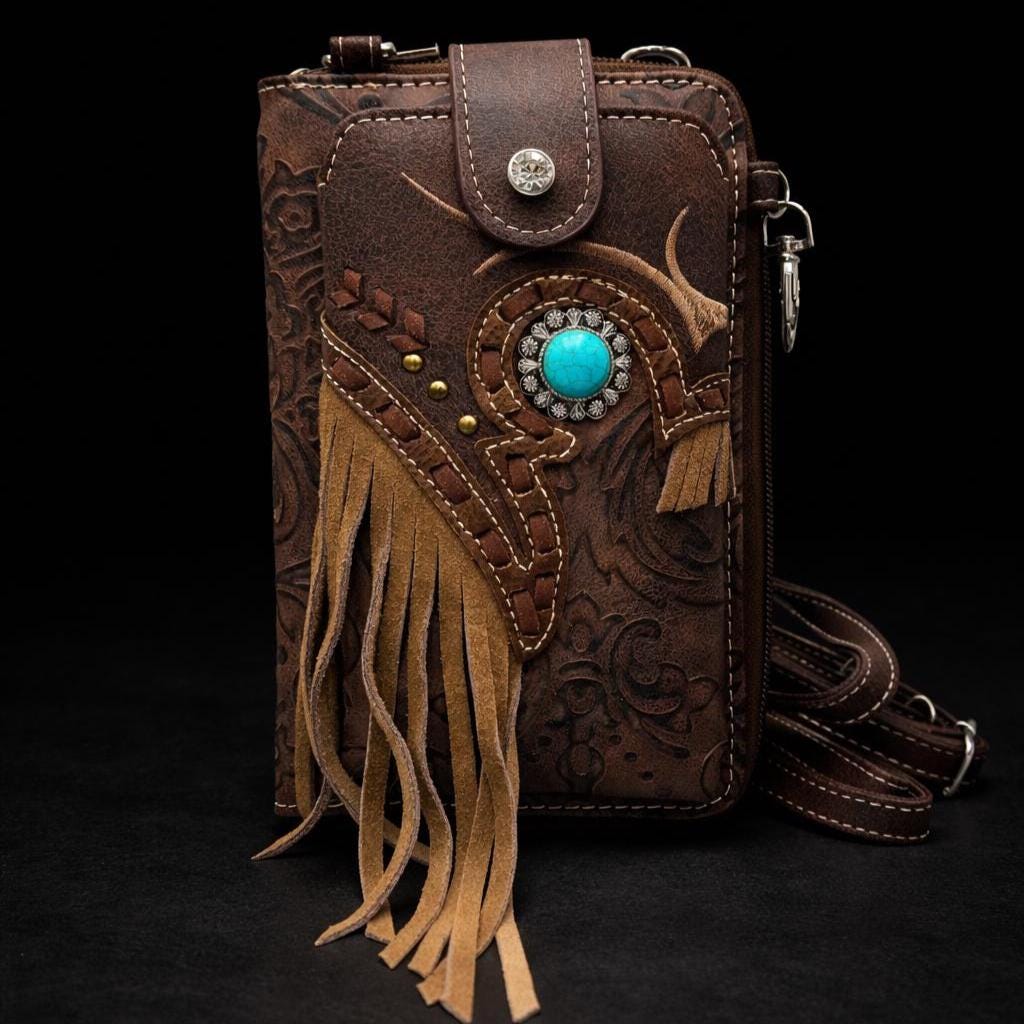 Western Tooled Leather Crossbody Wallet with Fringe and Turquoise Detail