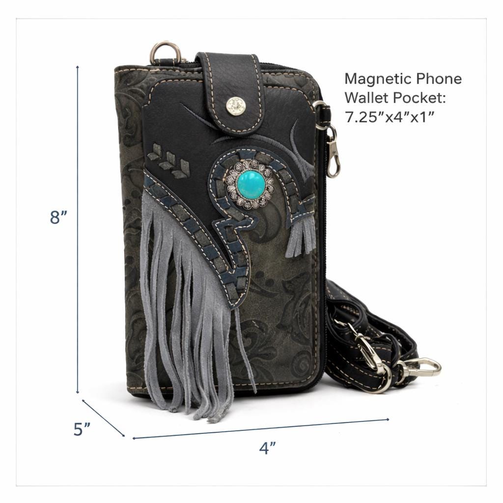 Western Tooled Leather Crossbody Wallet with Fringe and Turquoise Detail