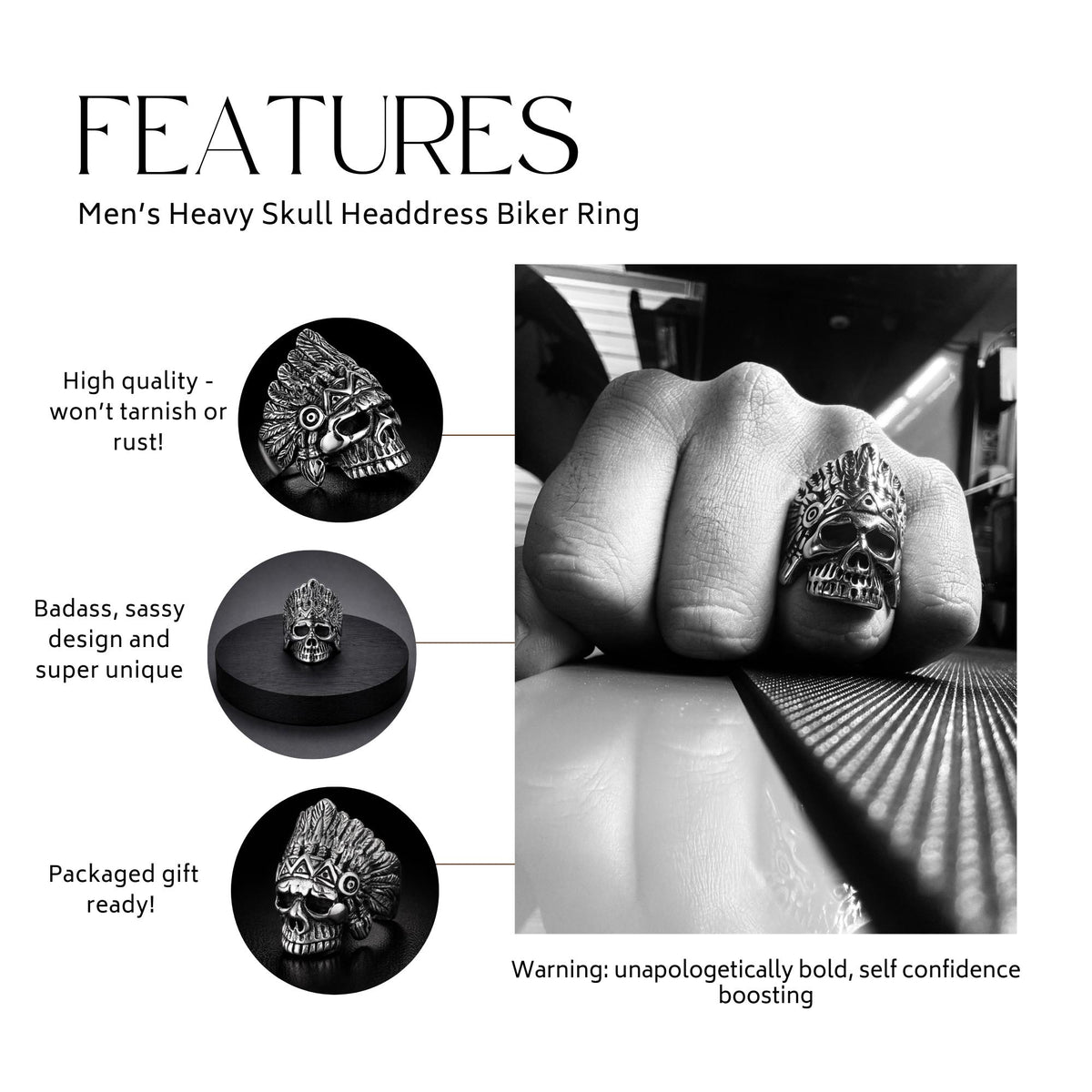 Heavy Skull Biker Ring for Men, Oxidized Stainless Steel Outlaw Statement Ring