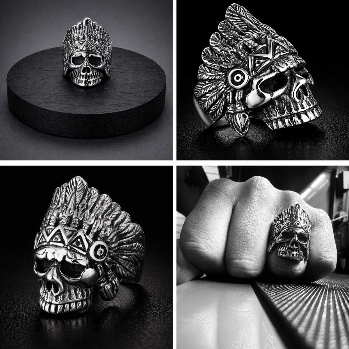 Heavy Skull Biker Ring for Men, Oxidized Stainless Steel Outlaw Statement Ring