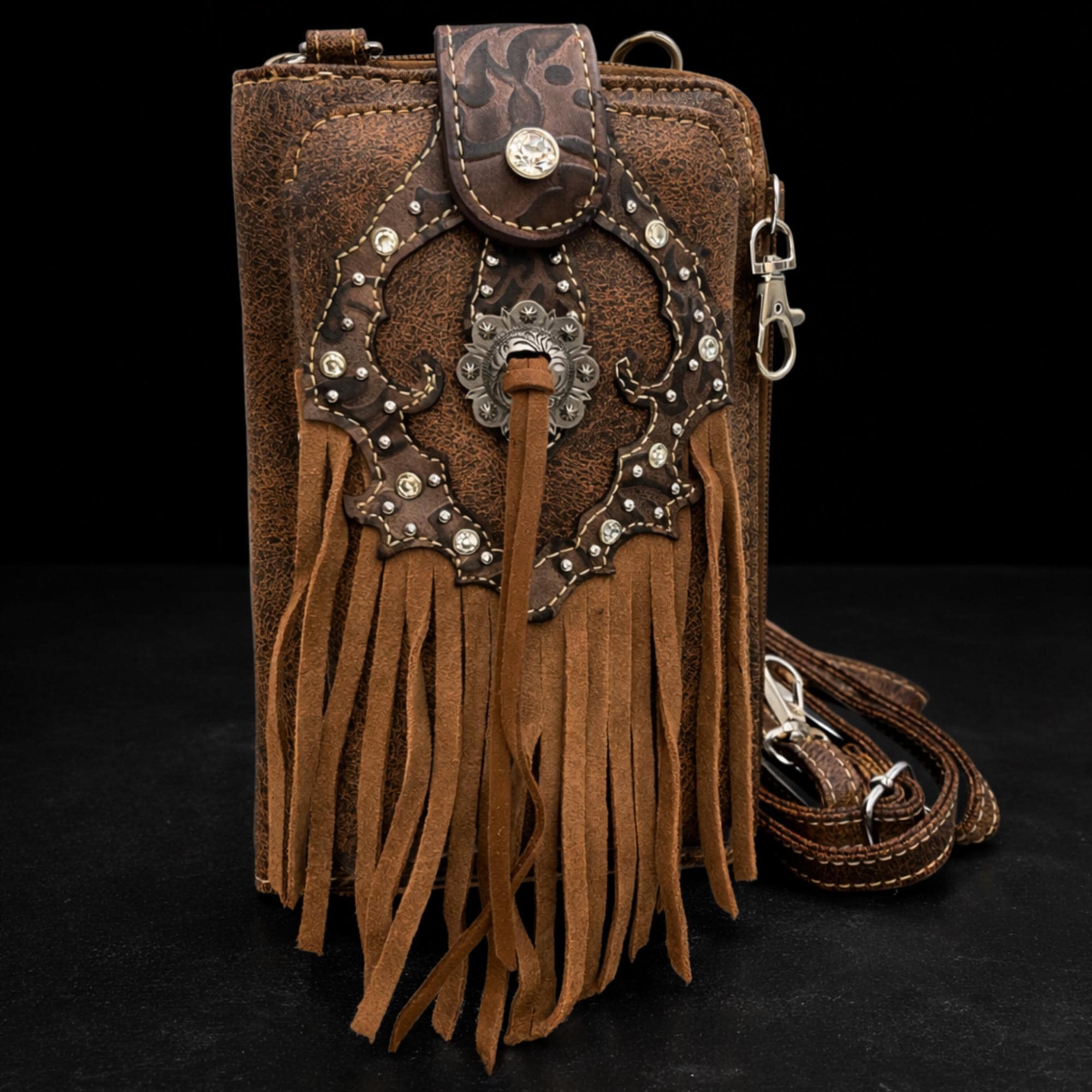 Brown Leather Western Fringe Phone Wallet Crossbody, Cowgirl Statement Accessory