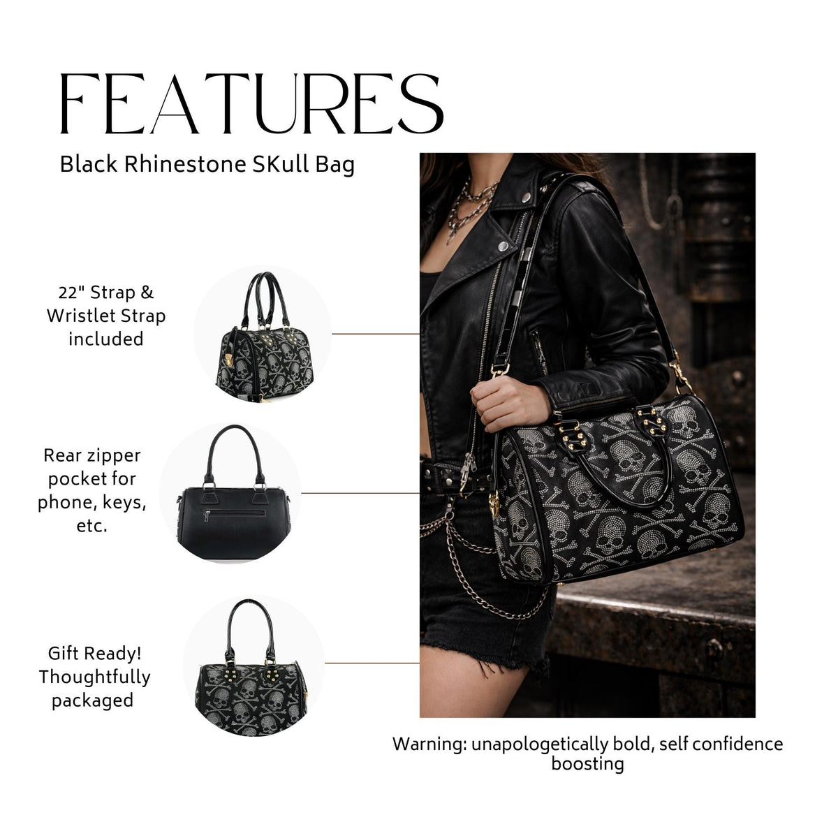 Rhinestone Skull Gothic Handbag, Gold Hardware Statement Purse for Alt Fashion Looks