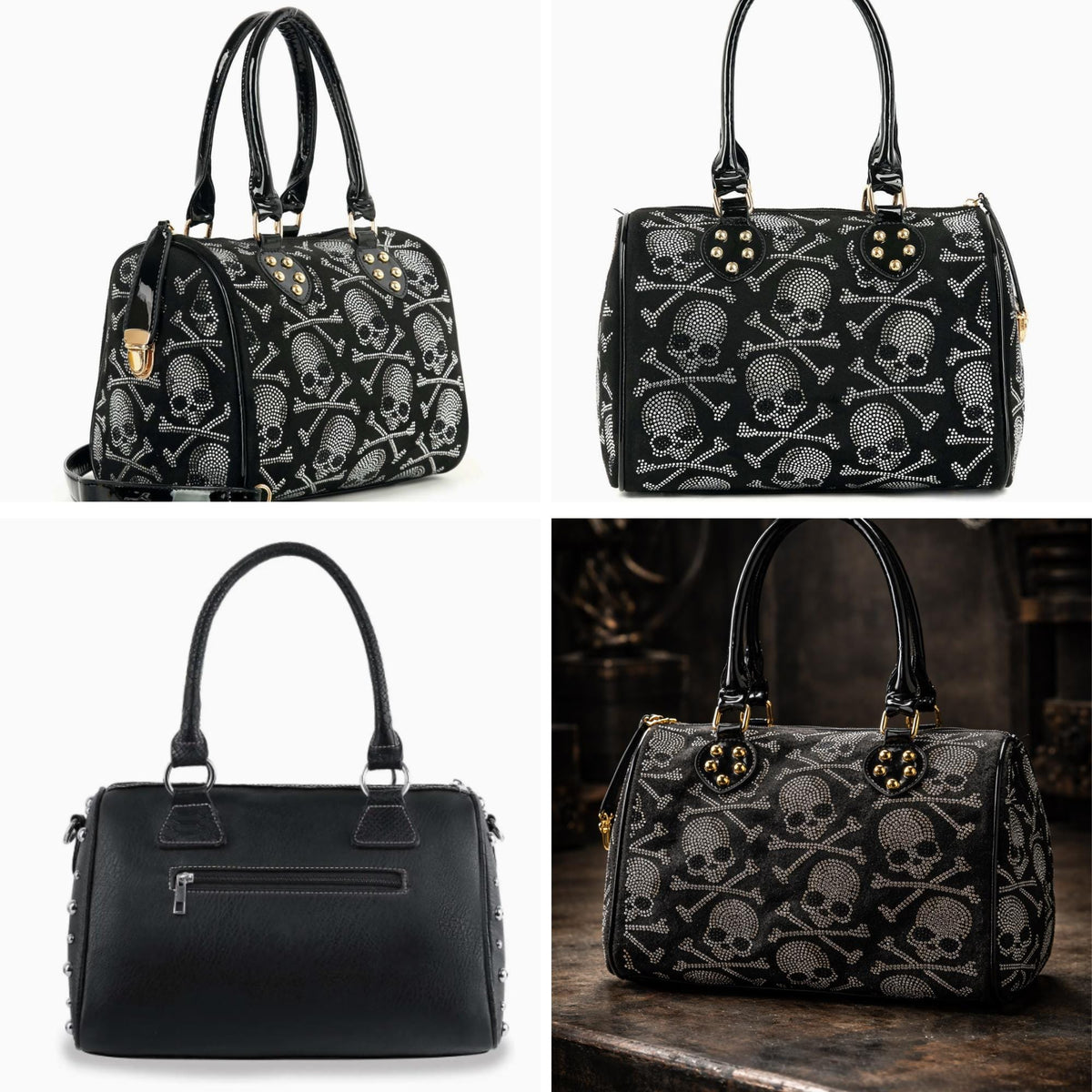 Rhinestone Skull Gothic Handbag, Gold Hardware Statement Purse for Alt Fashion Looks