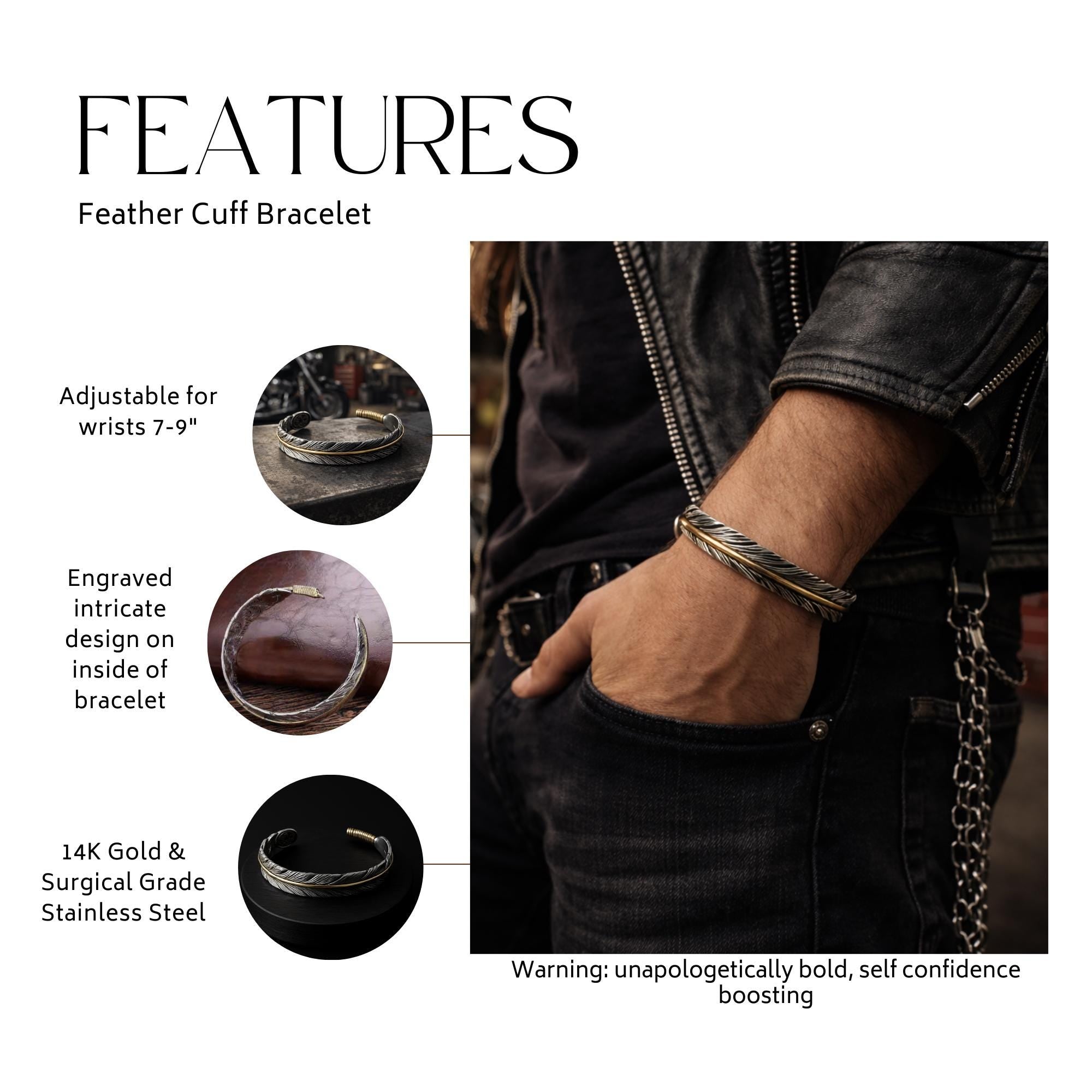 Feather Cuff Bracelet in Stainless Steel with 18K Gold Accent, Adjustable Unisex Statement Jewelry