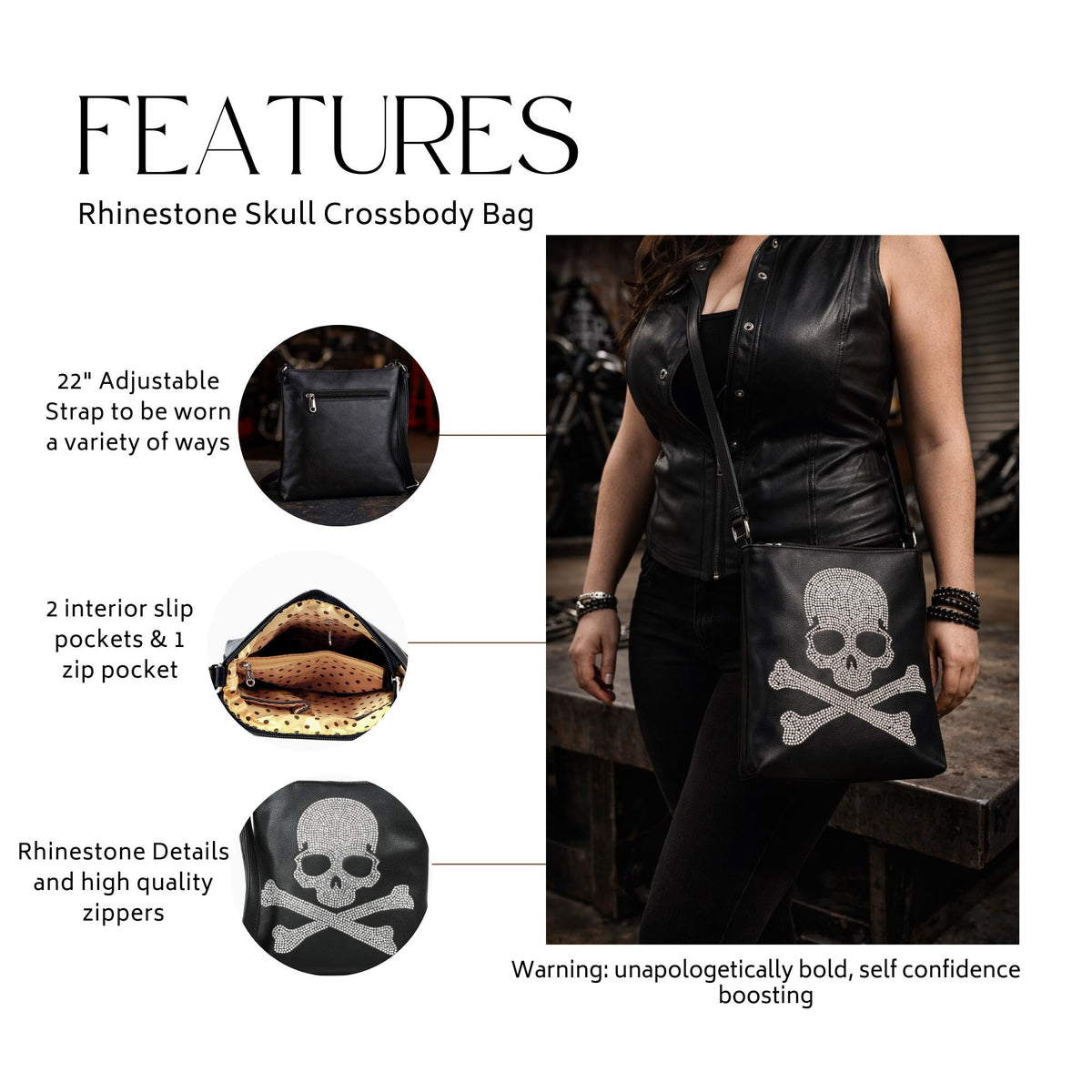 Rhinestone Skull Crossbody Bag, Edgy Black Faux Leather Statement Purse for Concerts and Night Out Looks