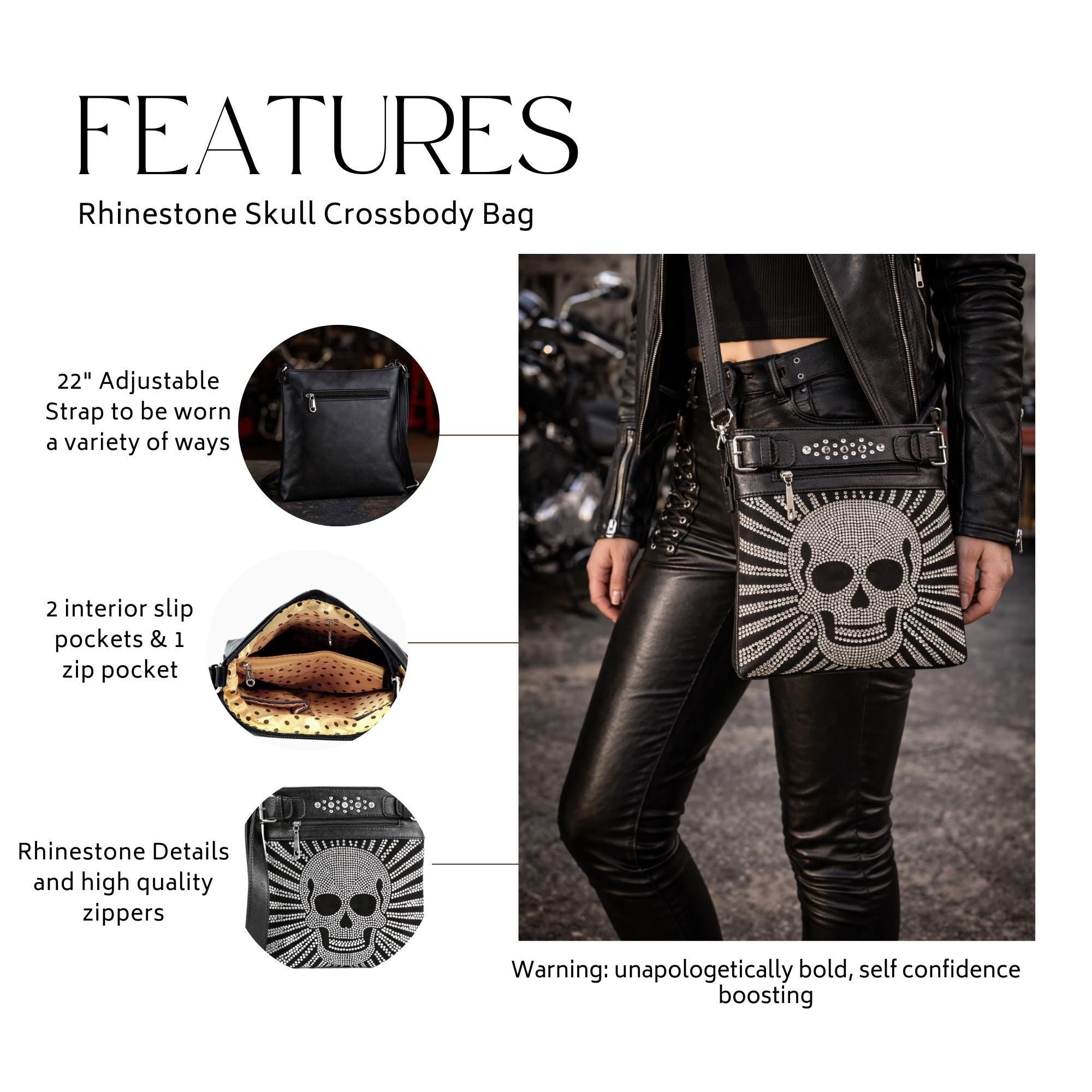 Gothic Skull Crossbody Bag, Studded Messenger Purse for Concert and Alternative Style